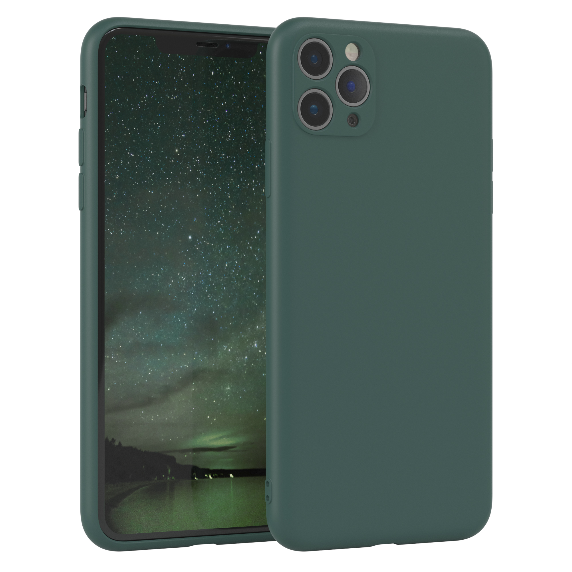 Grüne Handyhülle mit Landschaftsfoto. Die Hülle ist offen, zeigt das Telefon.