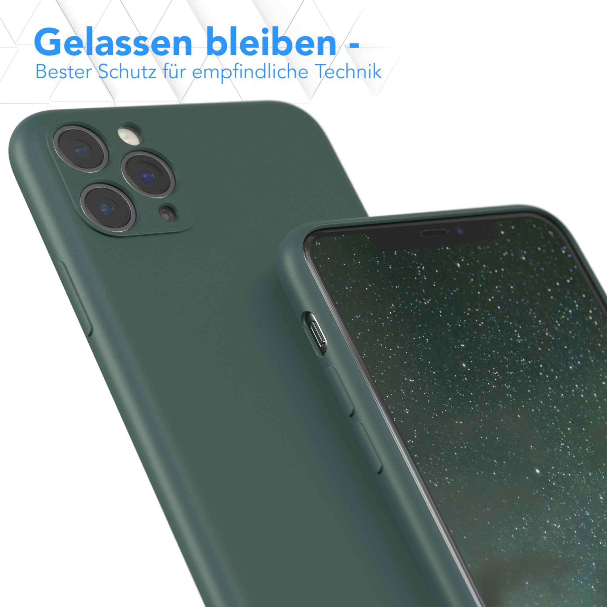 Dunkelgrüne Handyhülle mit Telefon darin. Text auf Deutsch: 'Gelassen bleiben', grüner Hintergrund.