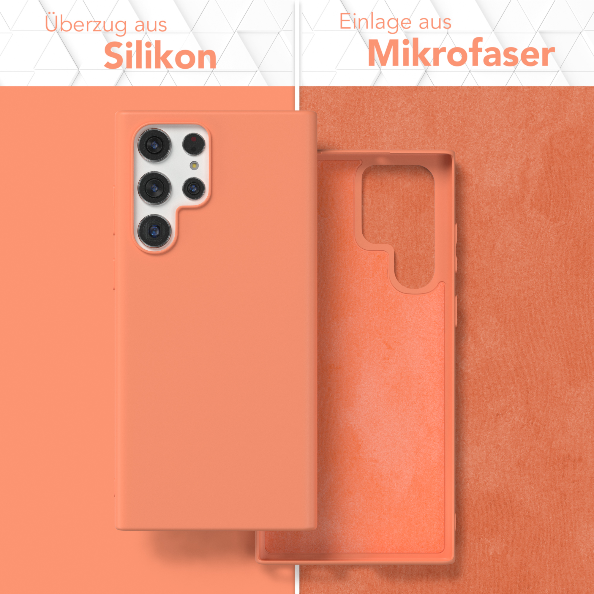 Orange Handyhülle und deren Innenseite mit Mikrofaser. Geöffnete Hülle, Mikrofaser-Innenraum sichtbar.