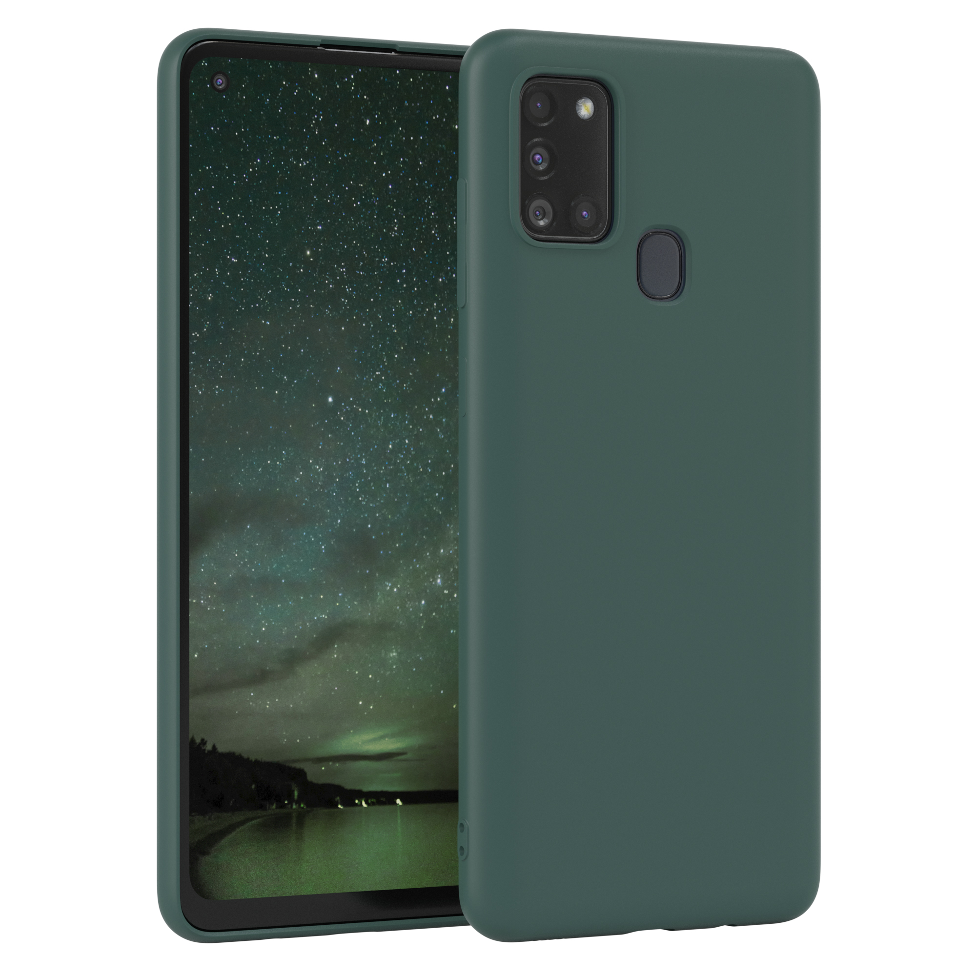 Grüne Handyhülle und Telefon darin. Das Telefon zeigt eine Seeszene mit Bäumen.