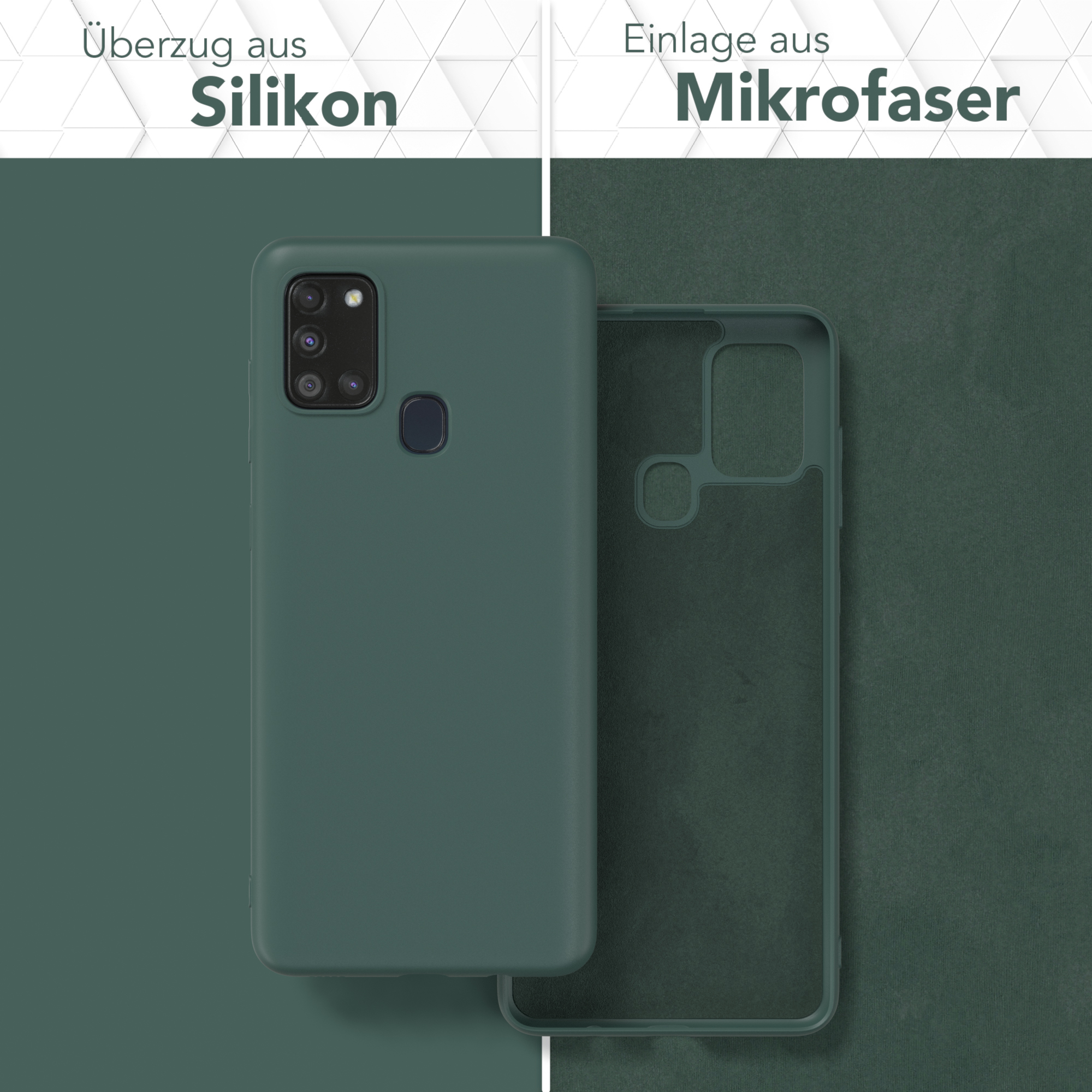 Zwei Handyhüllen, eine grün, eine transparent, zeigen Silikon- und Mikrofaser-Materialien.