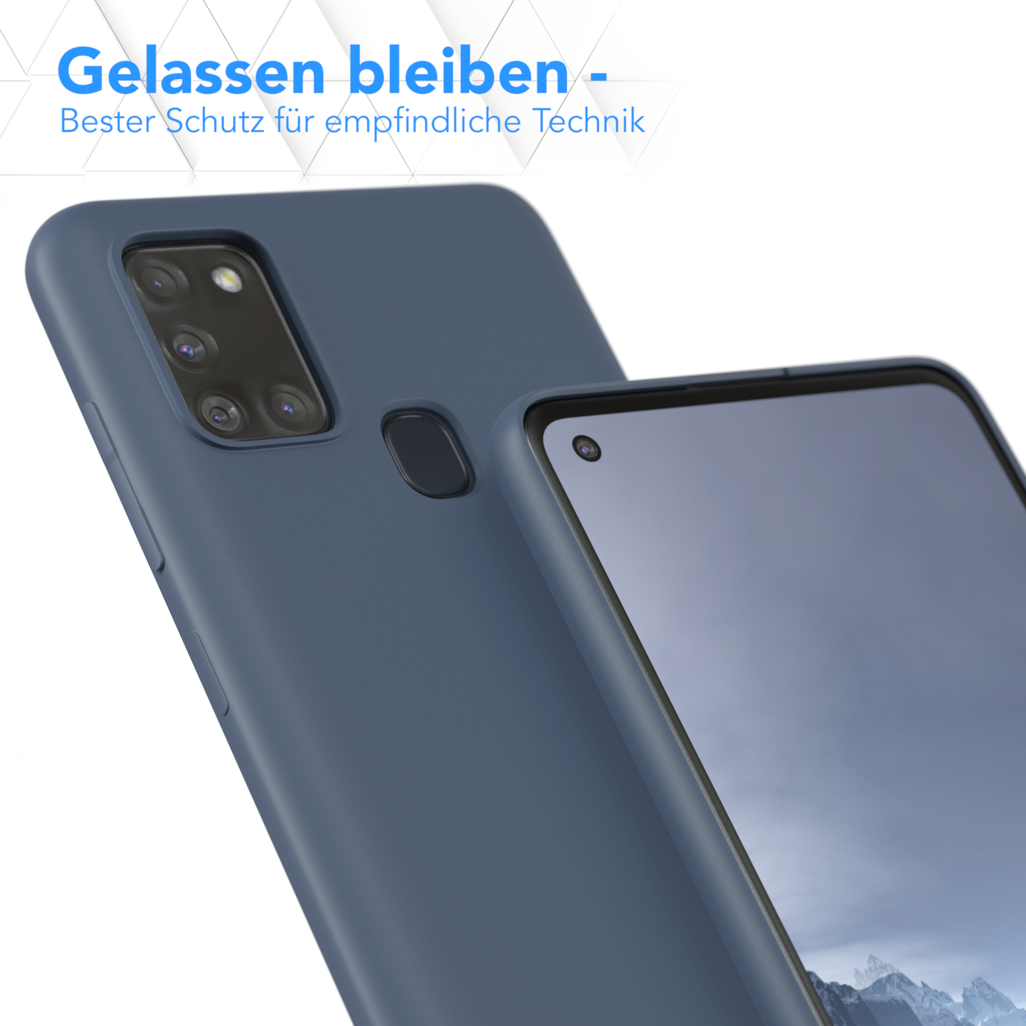 Dunkelblaue Handyhüllen, eine mit Telefon. Der Bildschirm zeigt ein Bild.