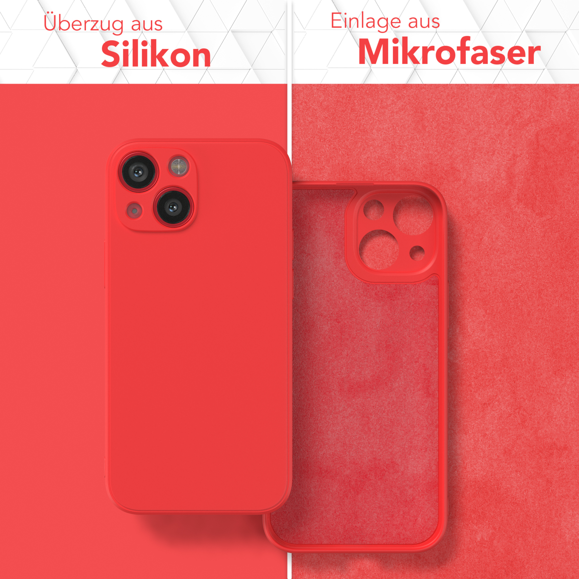 Rote Handyhülle und Telefon mit rotem Hintergrund. Text oben.