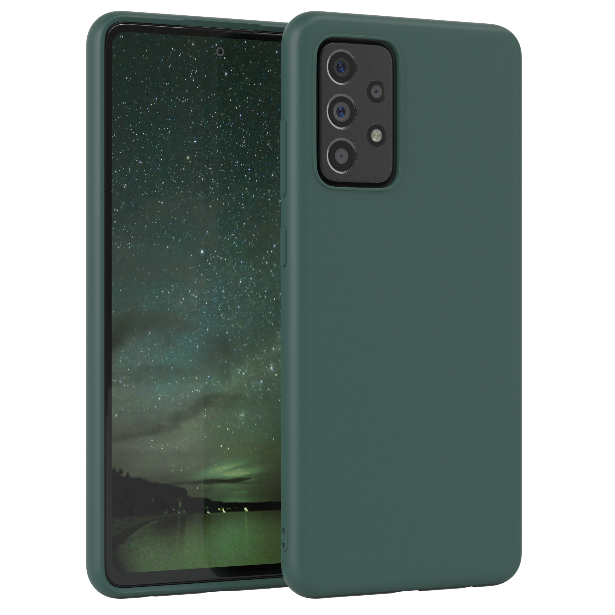 Grüne Handyhülle mit Telefon, Sternennacht im Hintergrund.