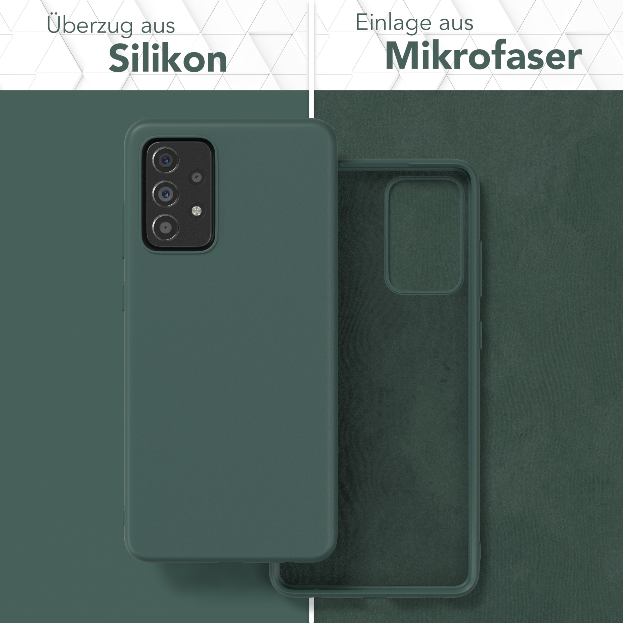 Grüne Handyhülle, Silikon außen, Mikrofaser innen, auf grünem Hintergrund.