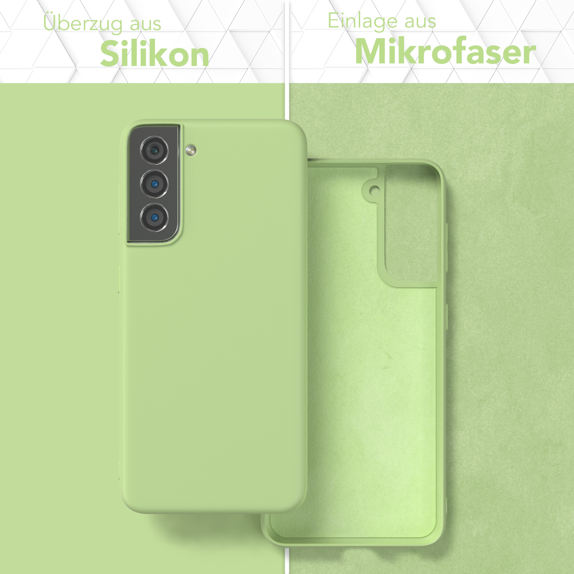 Zwei Handyhüllen, eine hellgrün, eine transparent, Text 'Silikon' und 'Mikrofaser'.