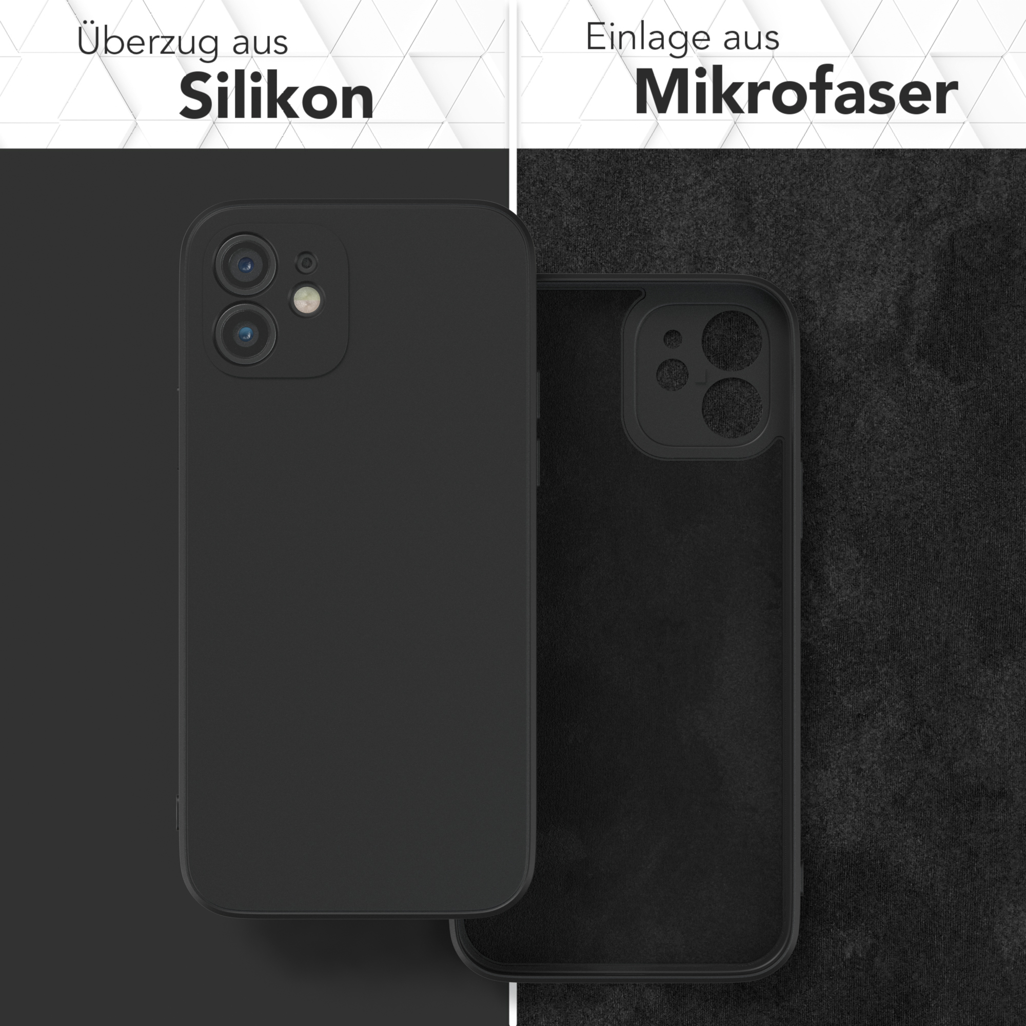 Zwei schwarze Handyhüllen. Eine zeigt Silikon, die andere Mikrofaser.