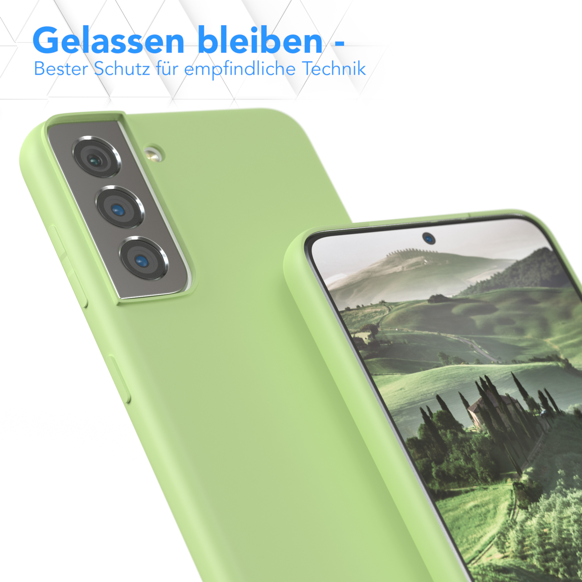 Grüne Handyhülle mit Telefon, und Displayschutzfolie. Die Hülle wirkt schützend.