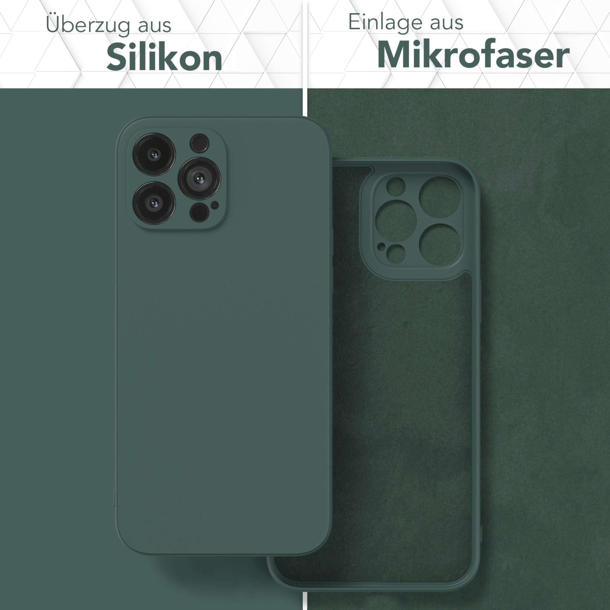 Grüne Handyhülle mit Mikrofaserfutter. Text auf Deutsch: Silikonhülle und Mikrofaser-Einsatz.