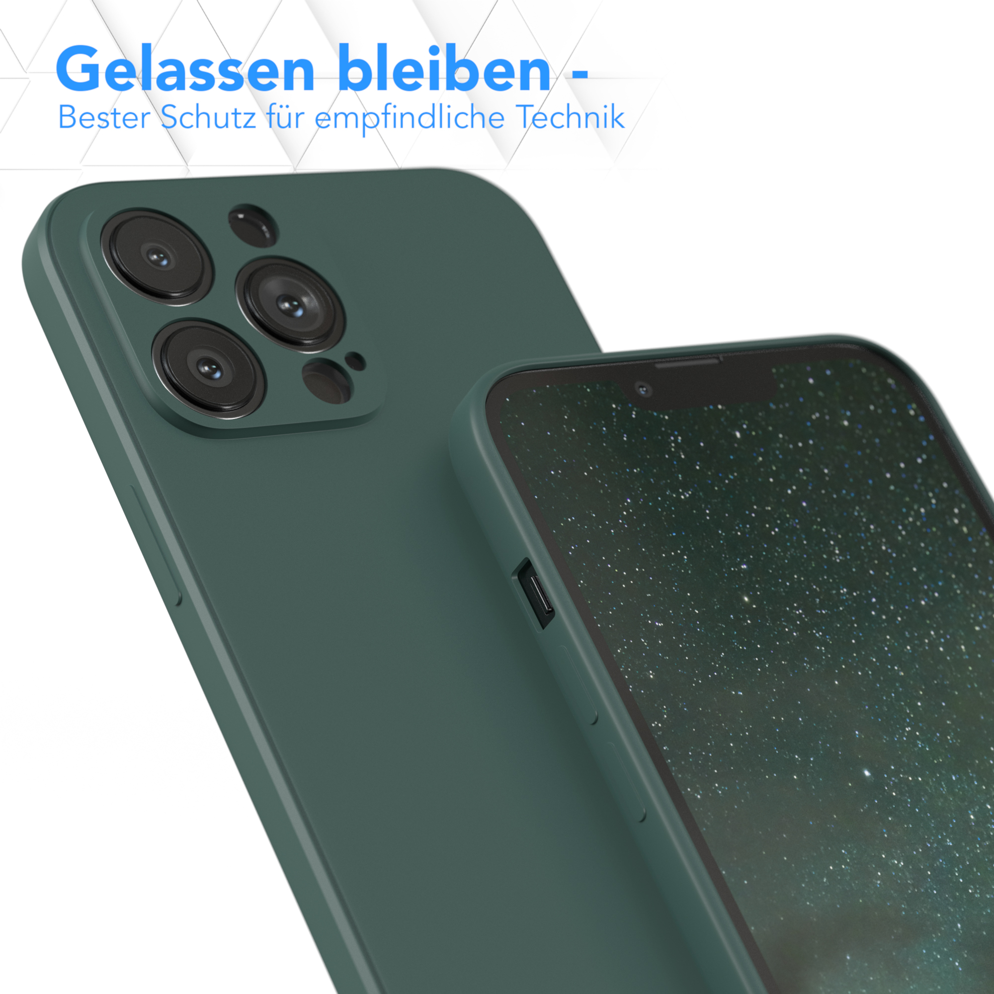 Grüne Handyhülle neben einem Handy. Text: Gelassen bleiben - Bester Schutz für empfindliche Technik.