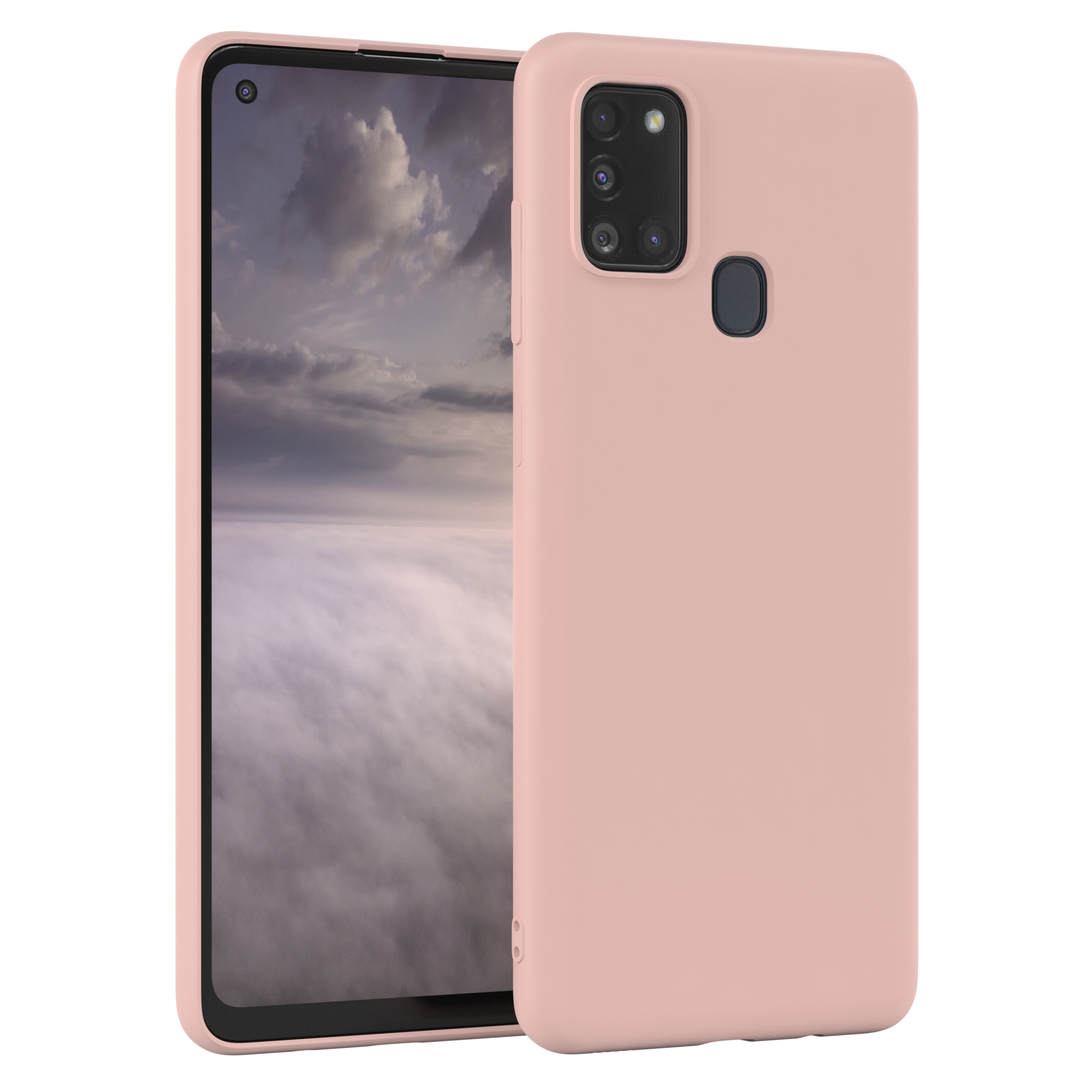 Pinkes Telefon in der Hülle. Kameralinsen auf der Rückseite. Weißer Hintergrund.