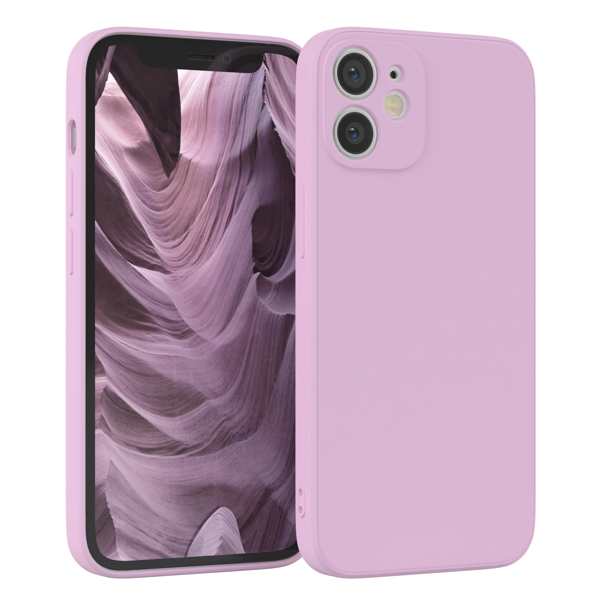 Ein rosa Telefon, zur Seite gedreht, mit hellrosa Hülle. Der Hintergrund ist eine verschwommene Gesteinsstruktur.