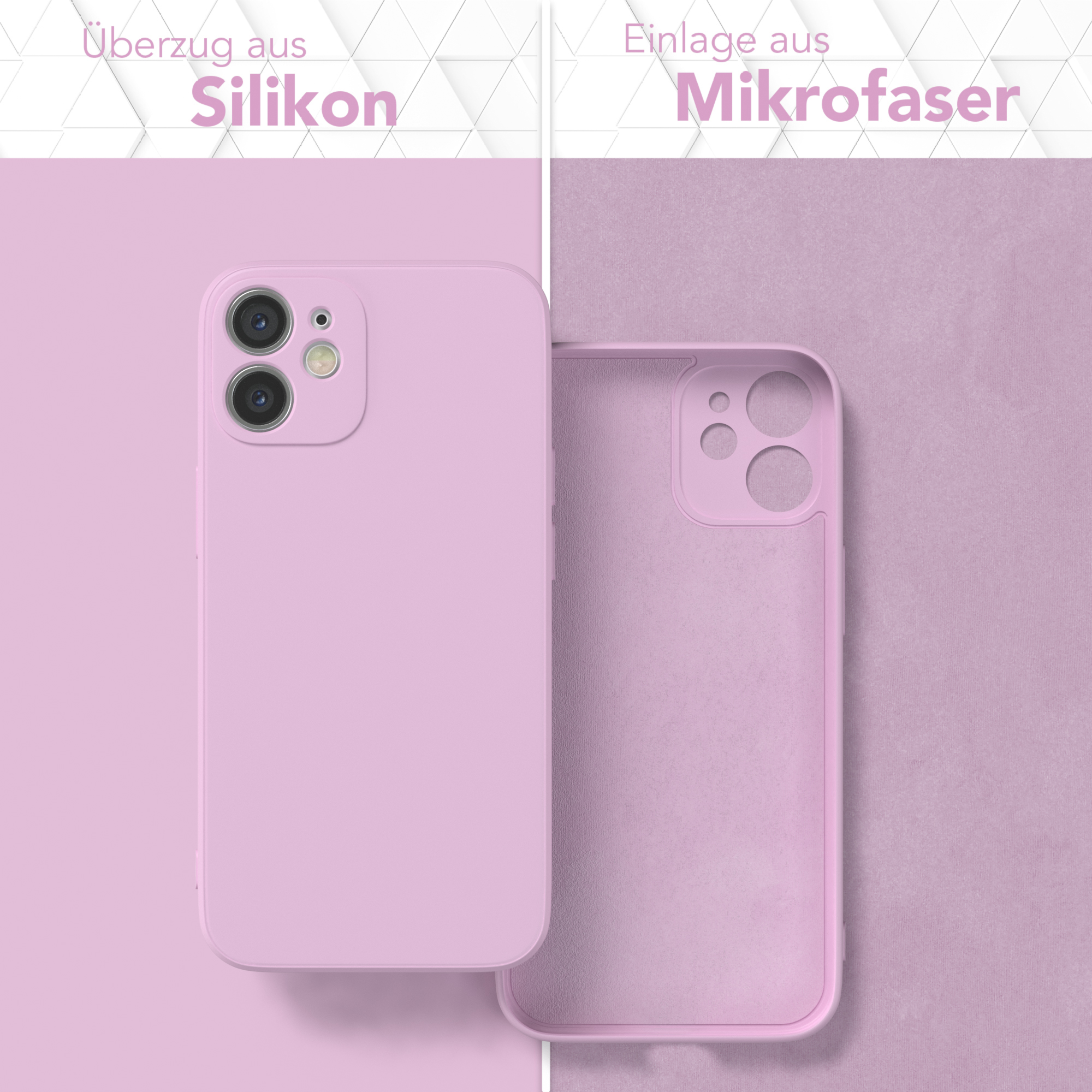 Eine Handyhülle, die das Silikon-Außenmaterial und das Mikrofaser-Innenmaterial in Pink zeigt.