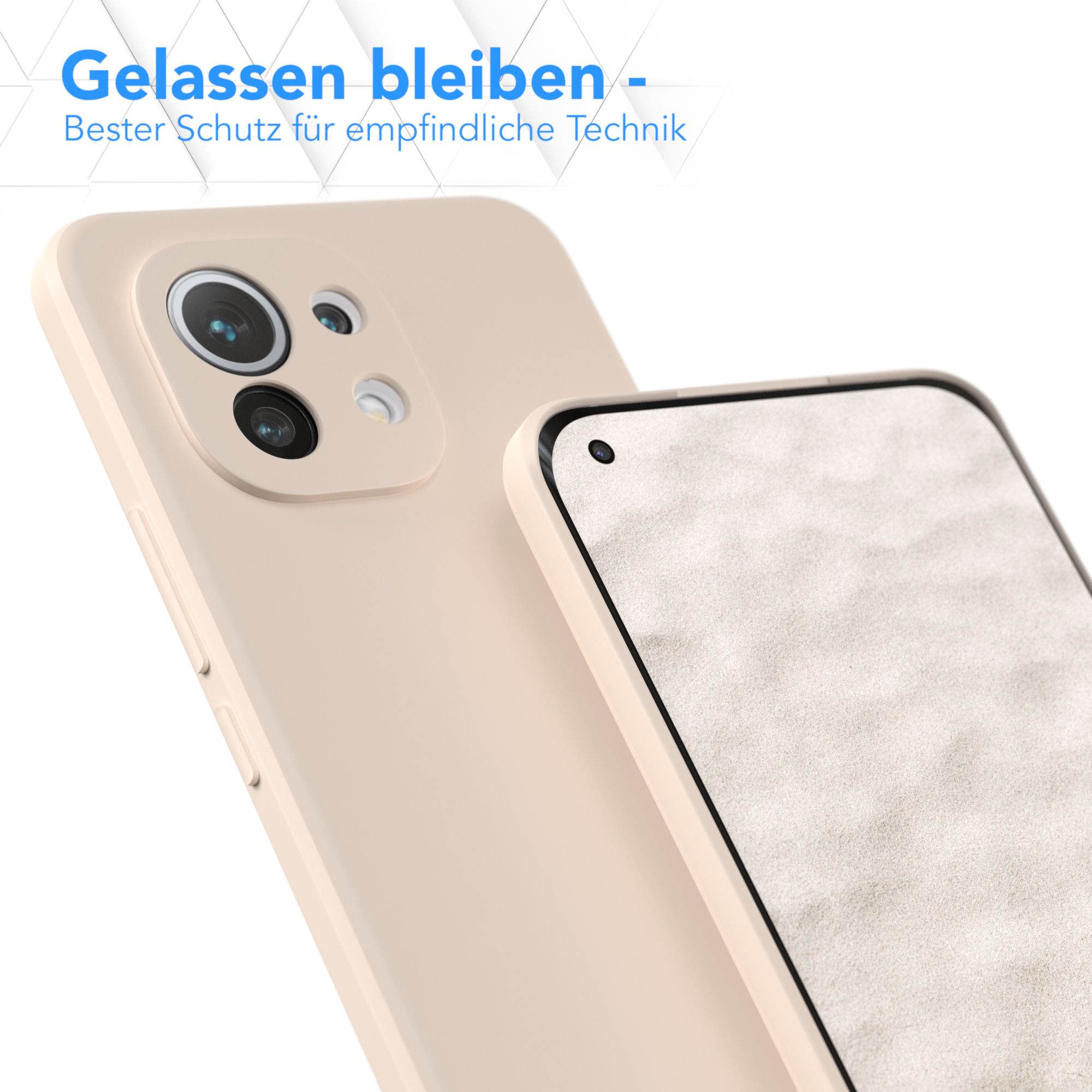 Nahaufnahme einer beigen Handyhülle mit Telefon. Im Hintergrund ein verschwommenes Bild.