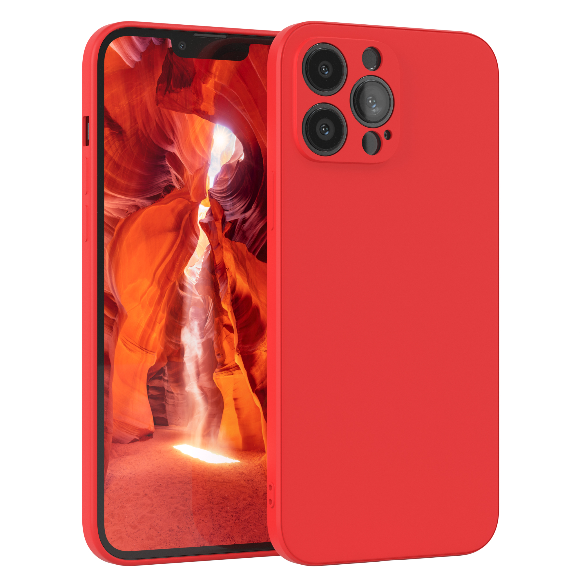 Rote Handyhülle auf dem Telefon, das ein Canyon-Bild zeigt.