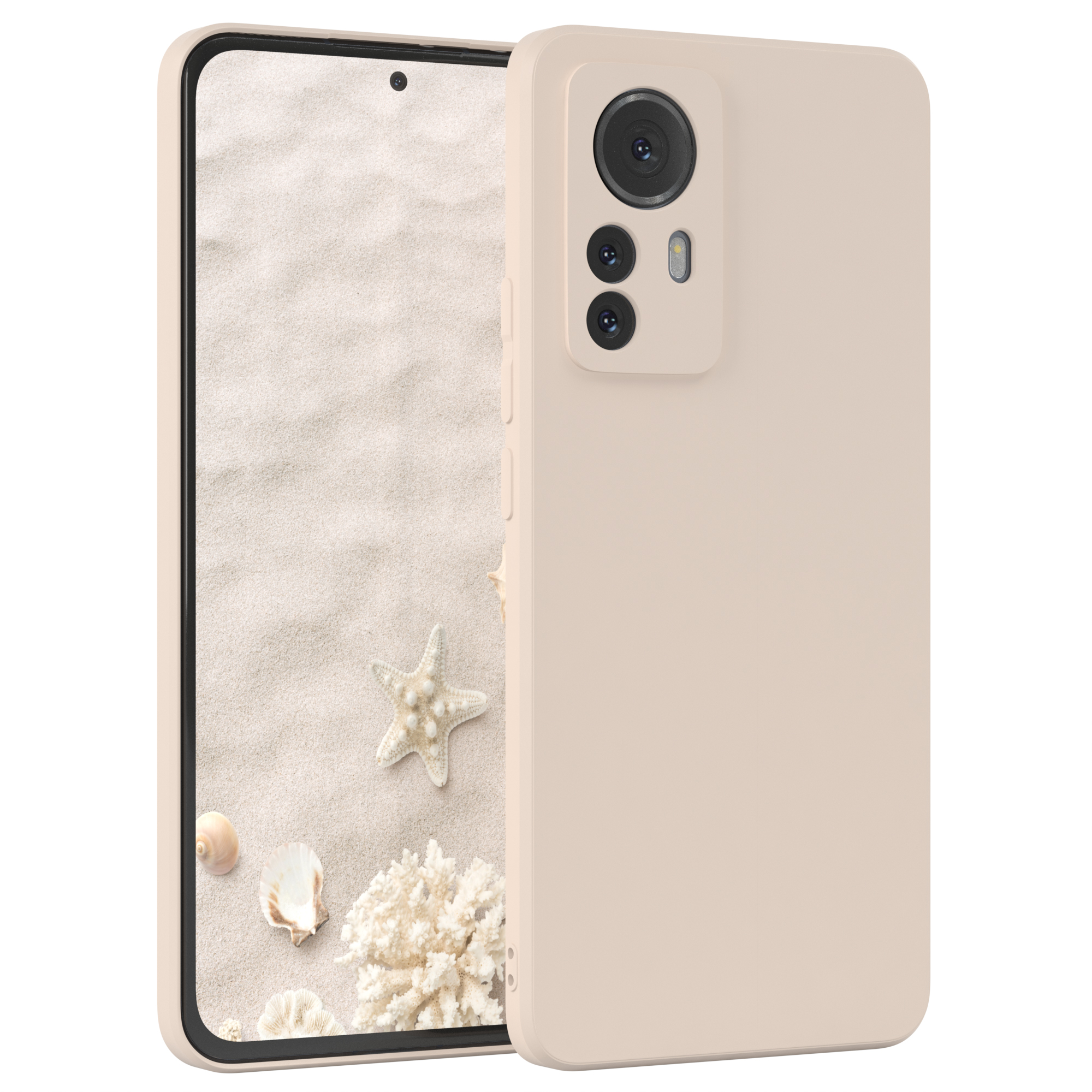 Beige Handyhülle mit Bildschirm, der eine Strandszene mit Sand, Muscheln und Seesternen zeigt.