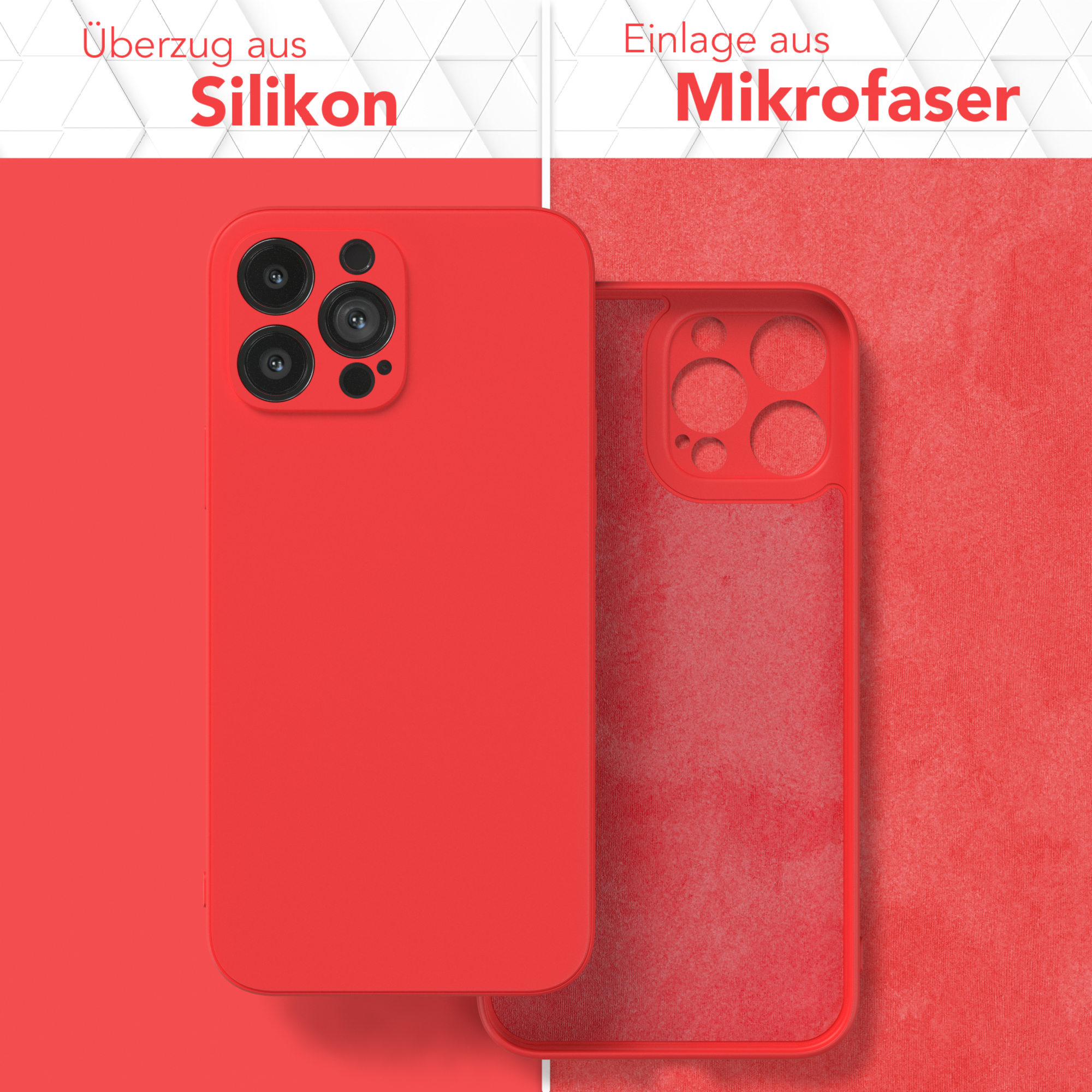 Rote Handyhülle mit Silikon außen und eine transparente Hülle mit Mikrofaser innen, beide auf rotem Hintergrund.