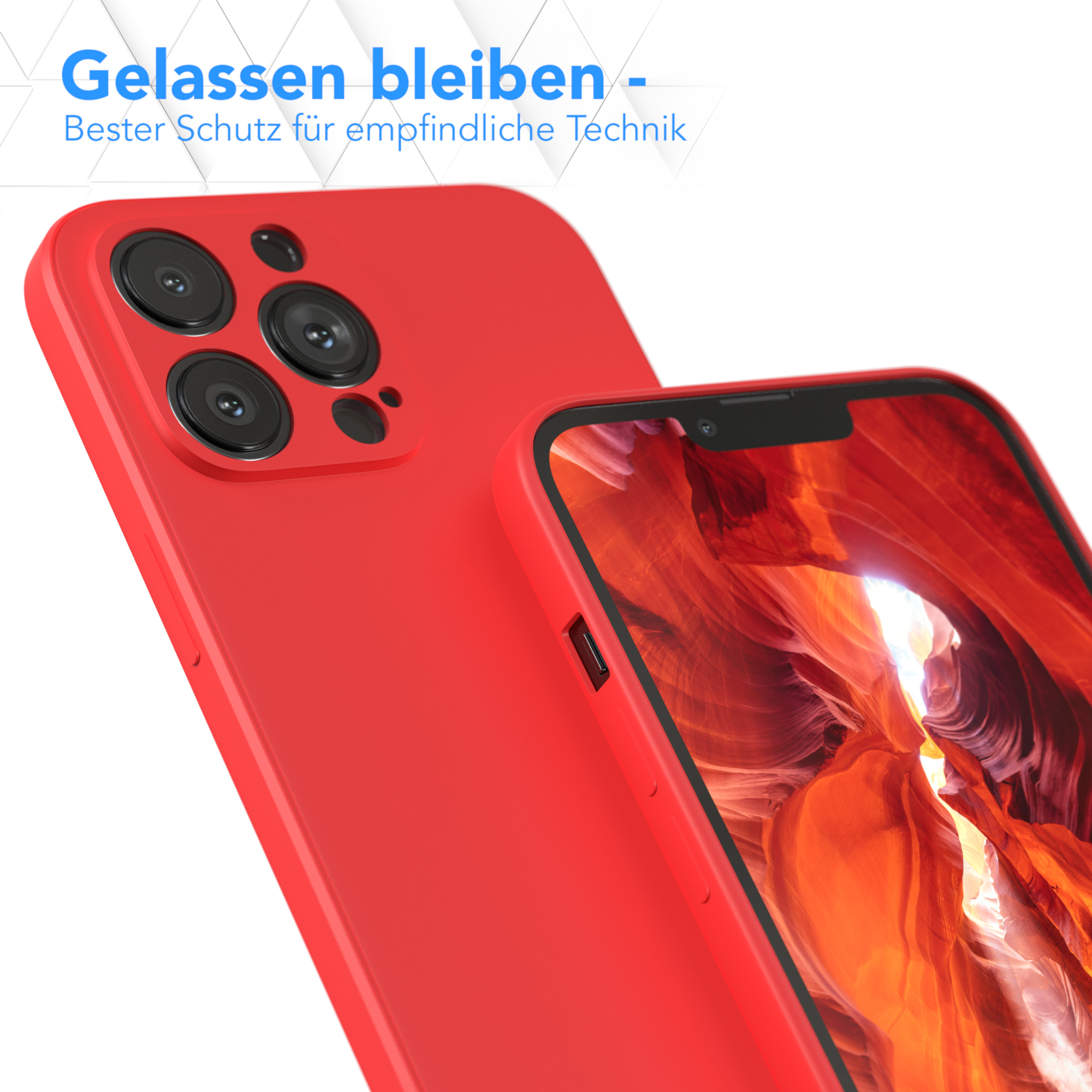 Eine rote Handyhülle mit einem Telefon darin, das einen Teil eines Canyons zeigt.