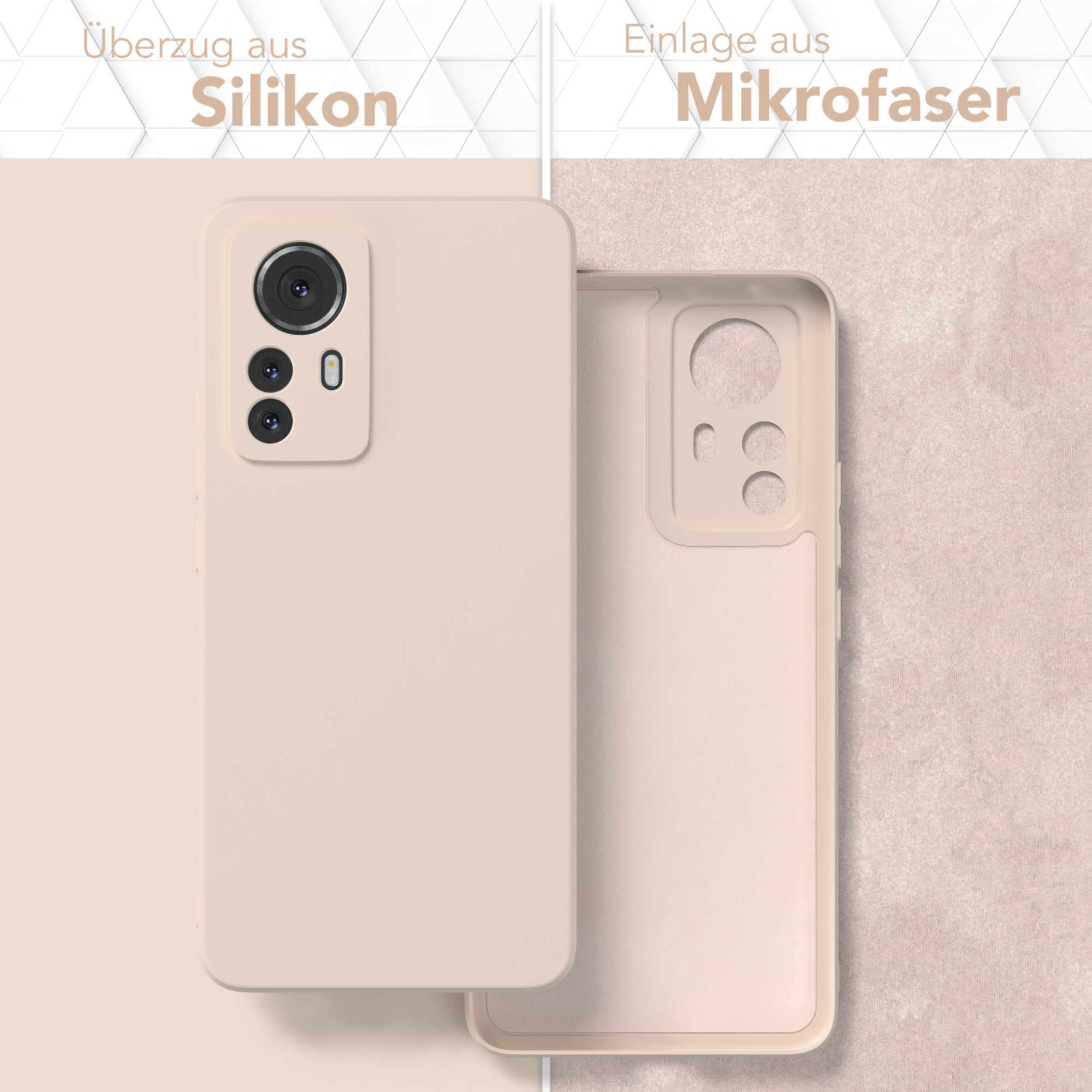 Beiges Handycase zerlegt. Text auf Deutsch. Silikonbeschichtung und Mikrofaser.