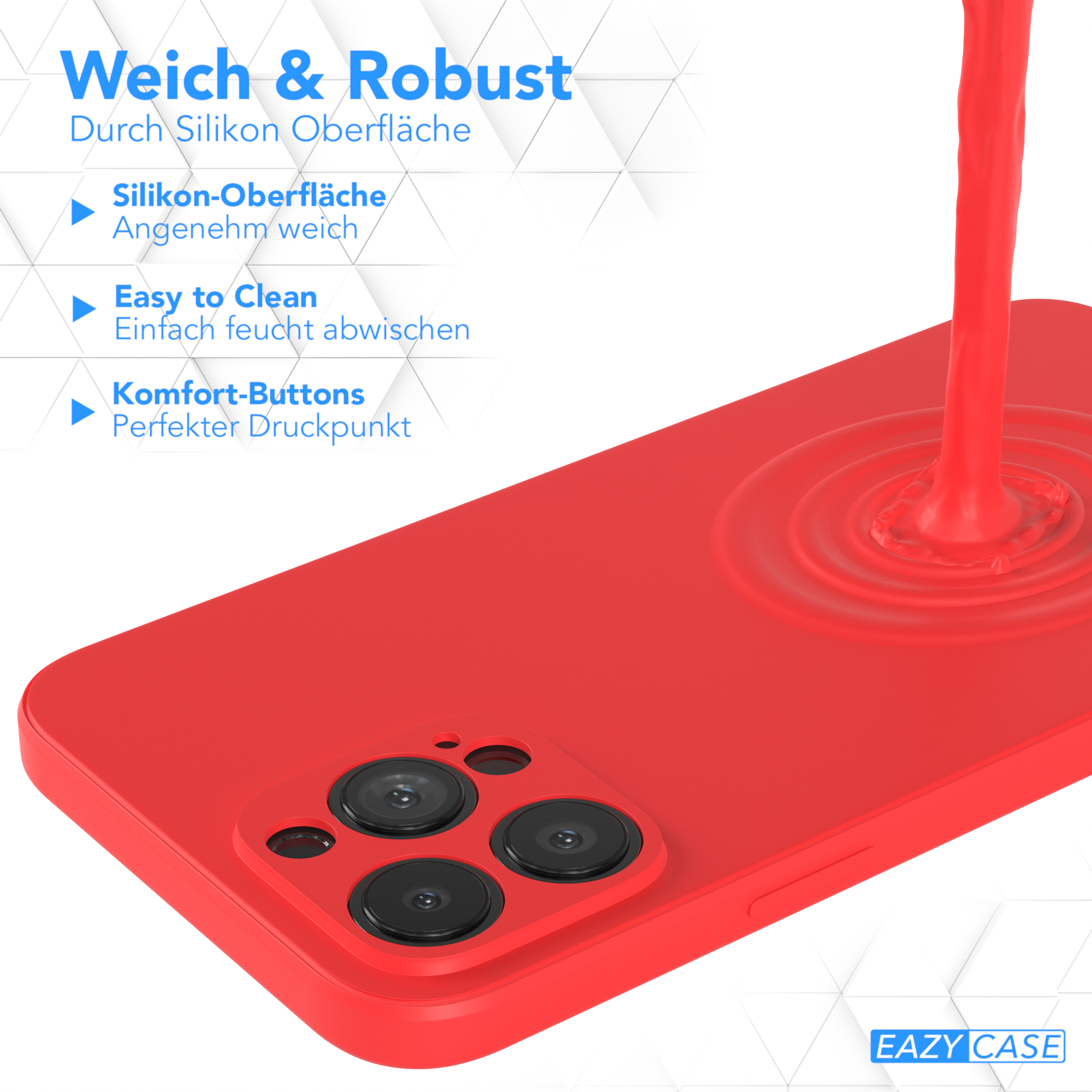 Rote Handyhülle mit Text: Weich & Robust. Merkmale: Silikonoberfläche, leicht zu reinigen, Komfort-Tasten.