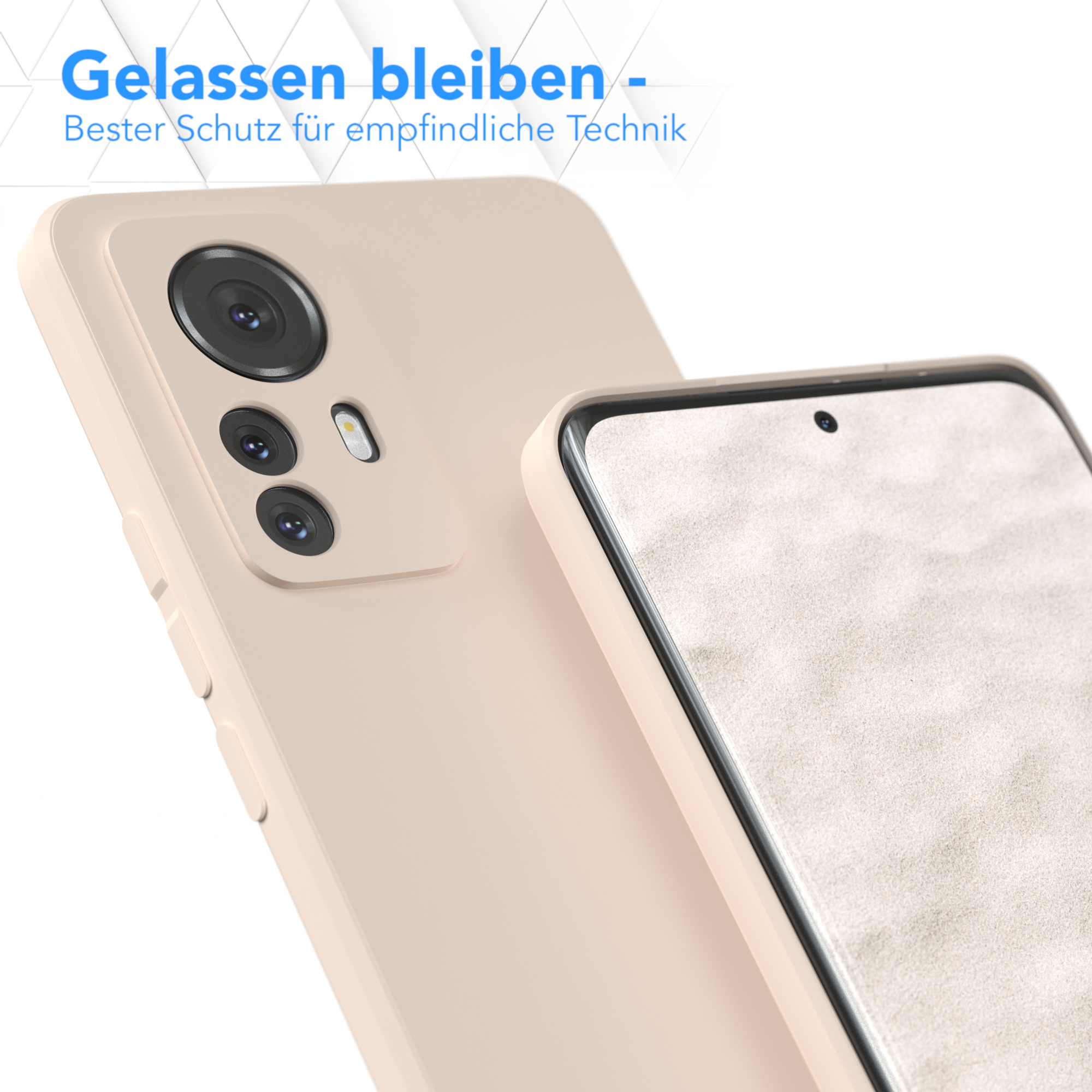 Zwei beigefarbene Handyhüllen im Nahaufnahme, eine im Fokus. Text: 'Gelassen bleiben - Bester Schutz'.