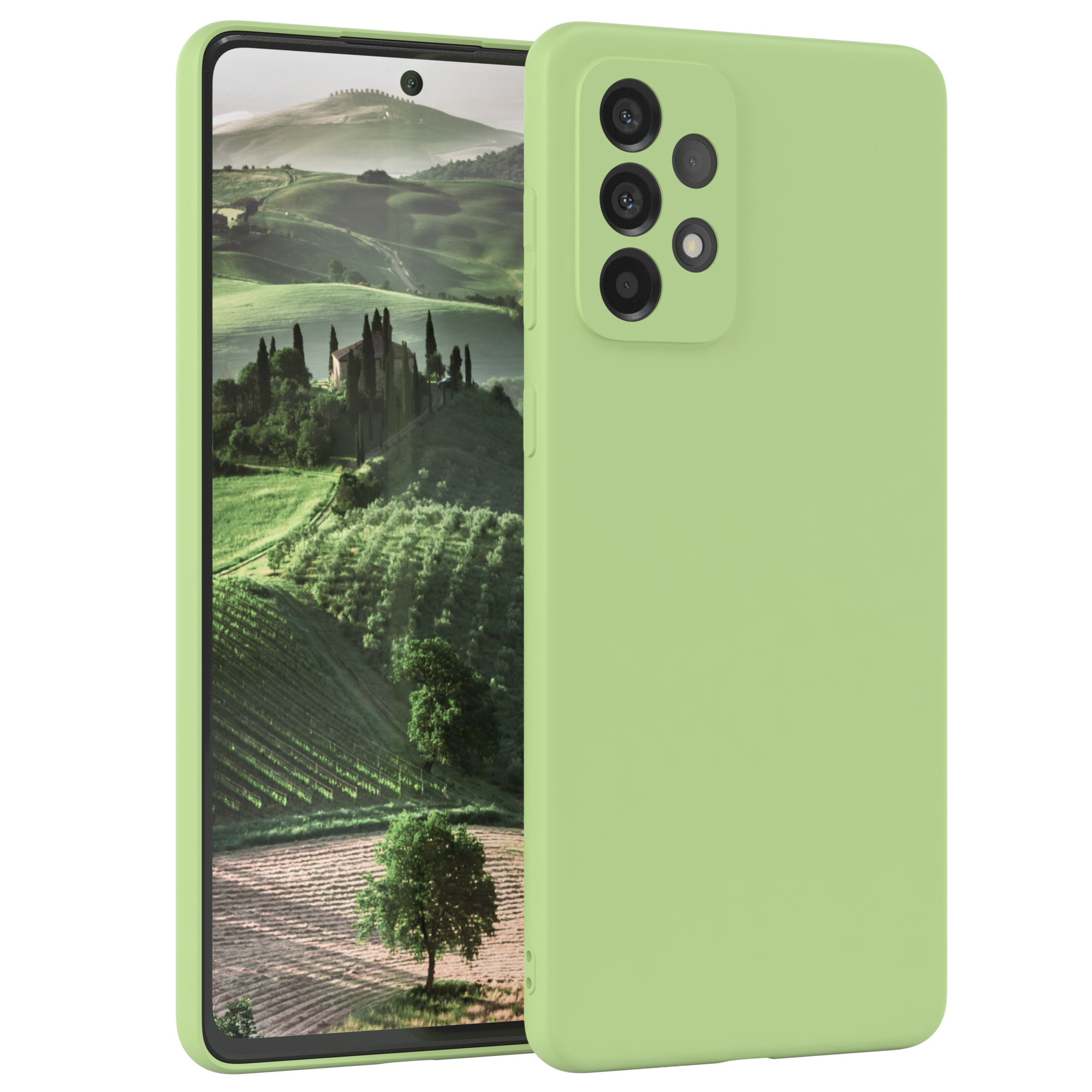 Grünes Telefon mit Hülle. Das Telefon zeigt eine Landschaft. Weißer Hintergrund.