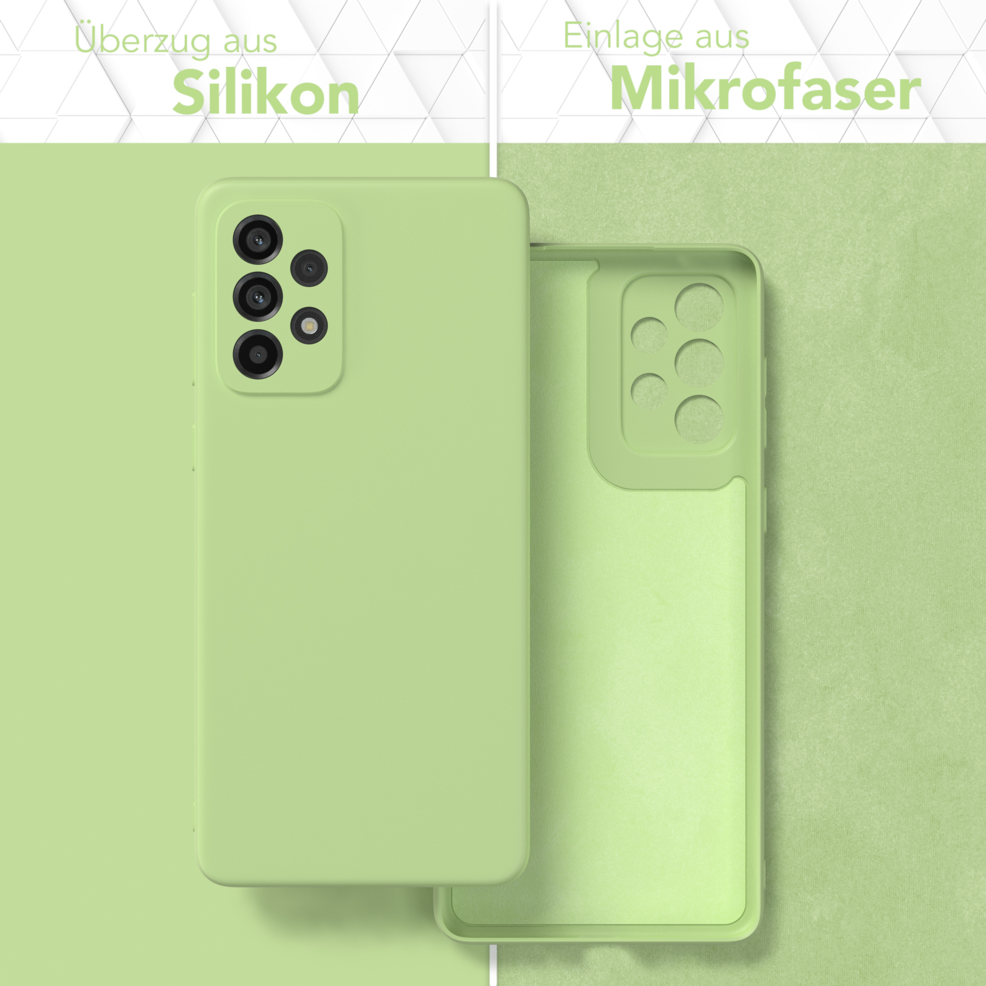 Eine grüne Handyhülle und ihr Inneres, die eine Mikrofaser-Schicht zeigt.