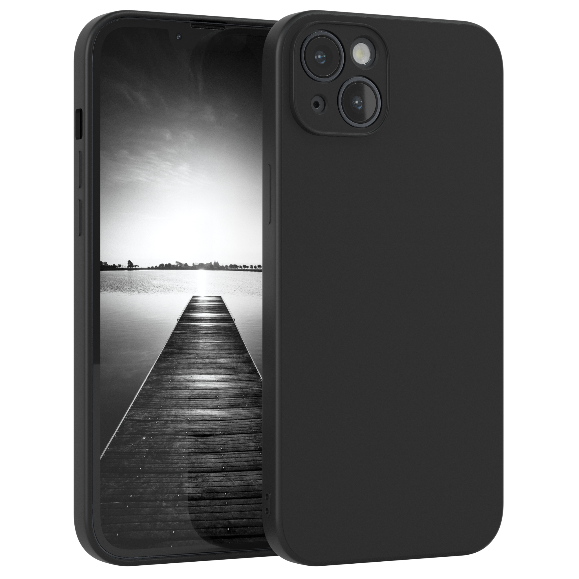 Schwarze Handyhülle mit einem Handy. Der Bildschirm zeigt einen Steg. Weißer Hintergrund.