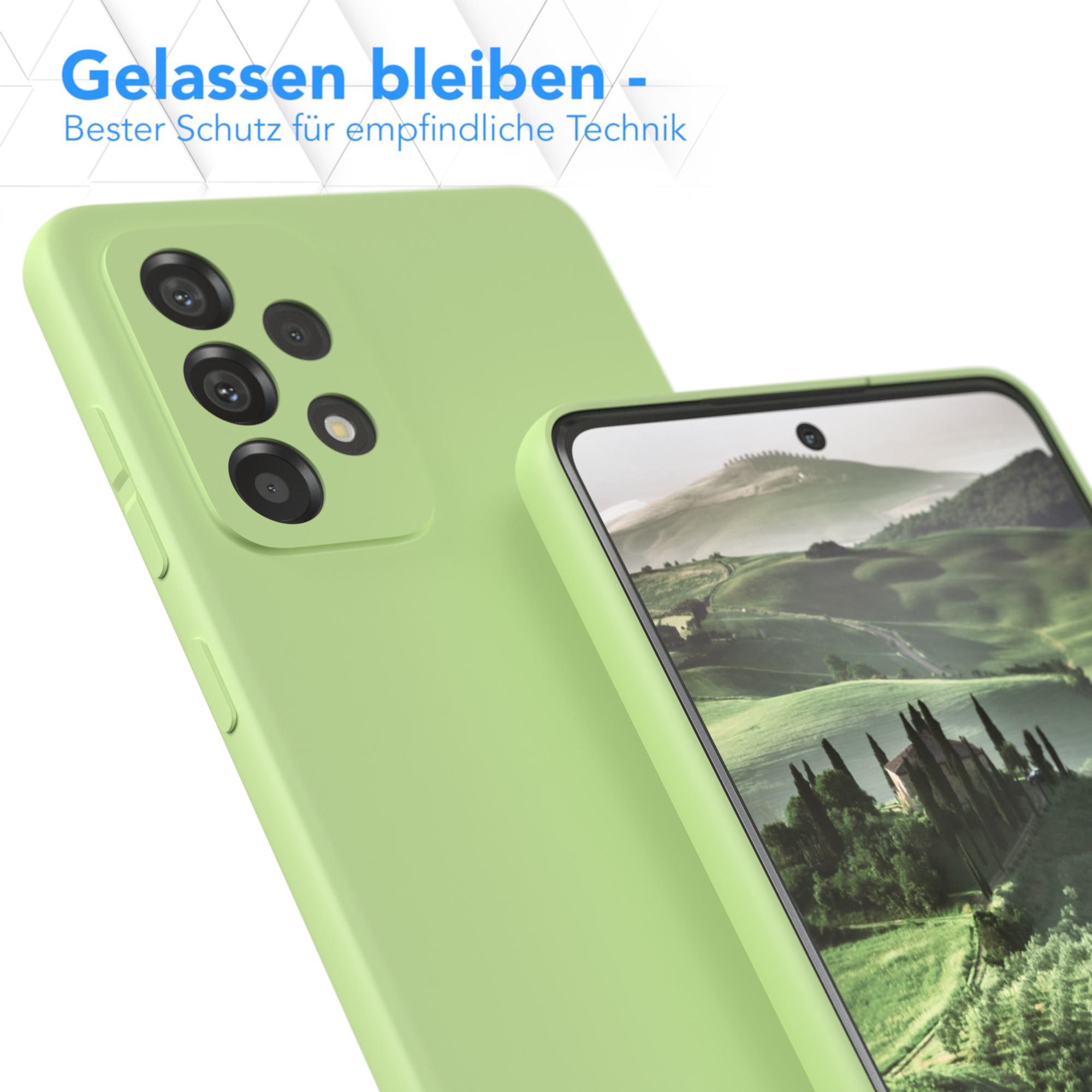 Grüne Handyhülle auf einem Telefon. Der Hintergrund hat Text und ein Landschaftsbild.