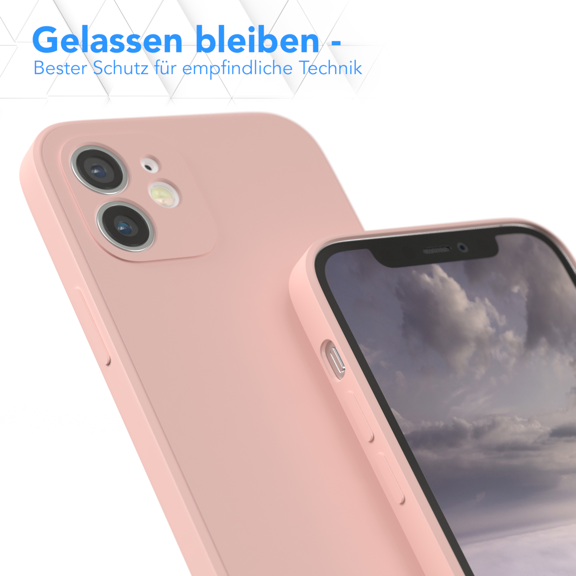 Zwei rosa Handyhüllen, eine davon im Fokus. Der Hintergrund ist eine hellblaue Oberfläche.