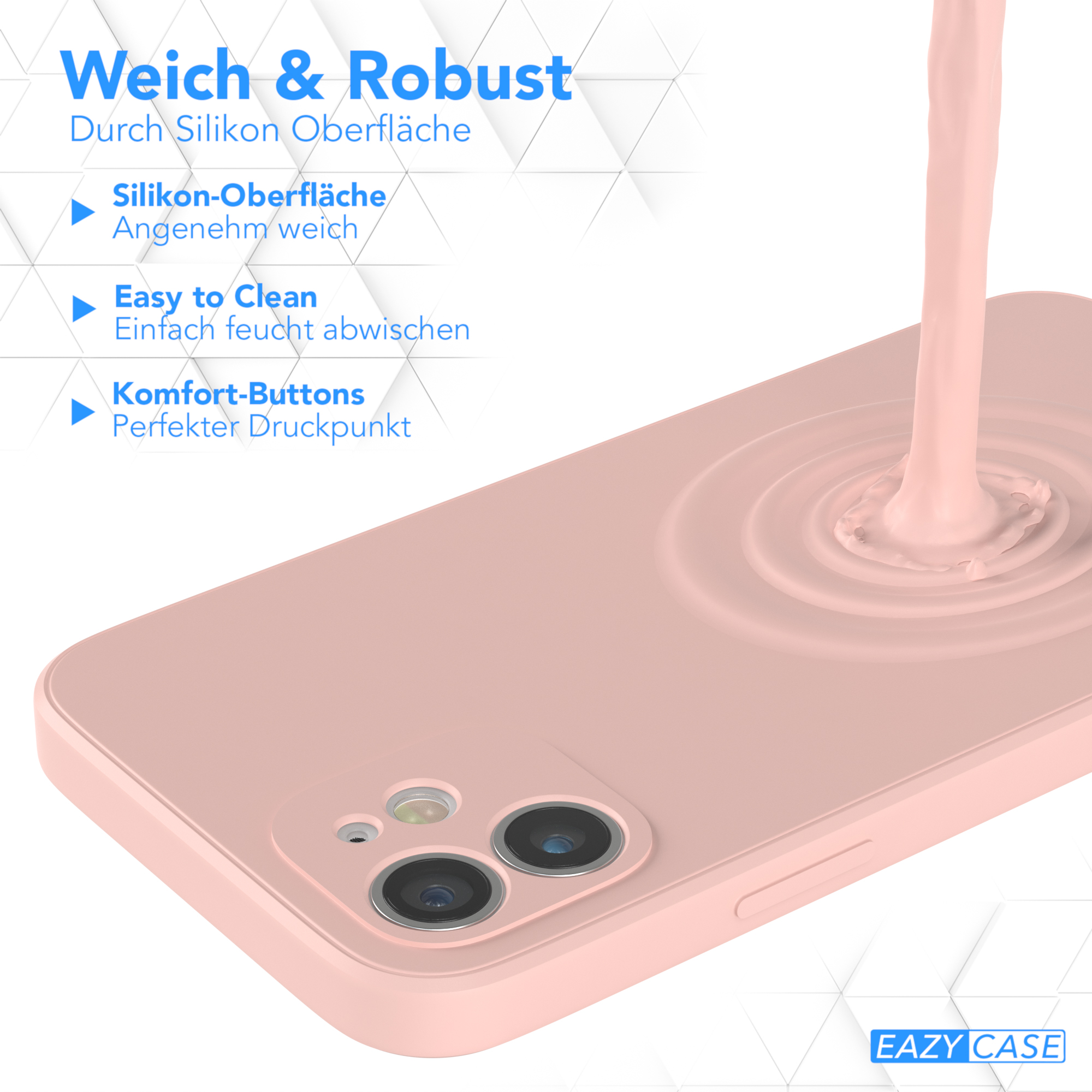 Rosa Handyhülle mit Text 'Weich & Robust'. Rosa Flüssigkeit, die auf die Hülle gegossen wird.