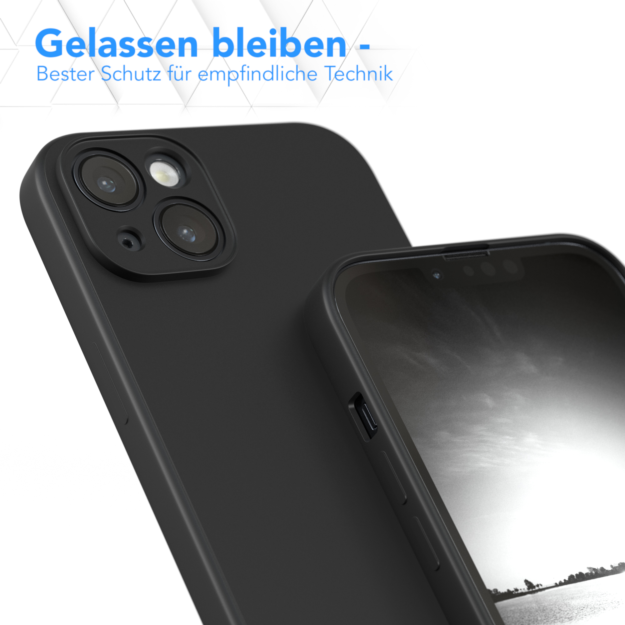 Zwei Telefone mit Hüllen, eines mit Bildschirm. Text: Bester Schutz.