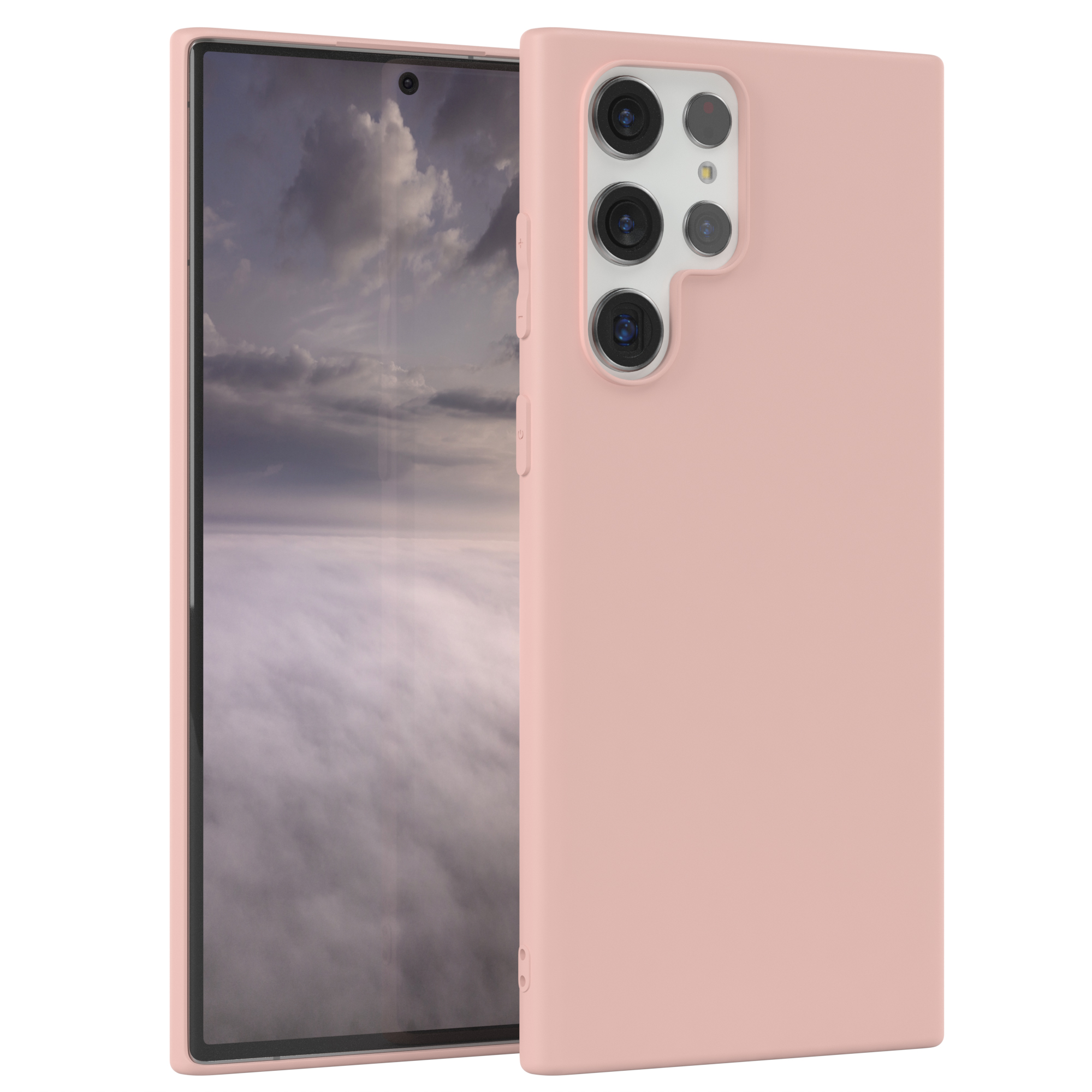 Rosa Handyhülle. Bildschirm zeigt Wolkenlandschaft. Der Hintergrund ist weiß.