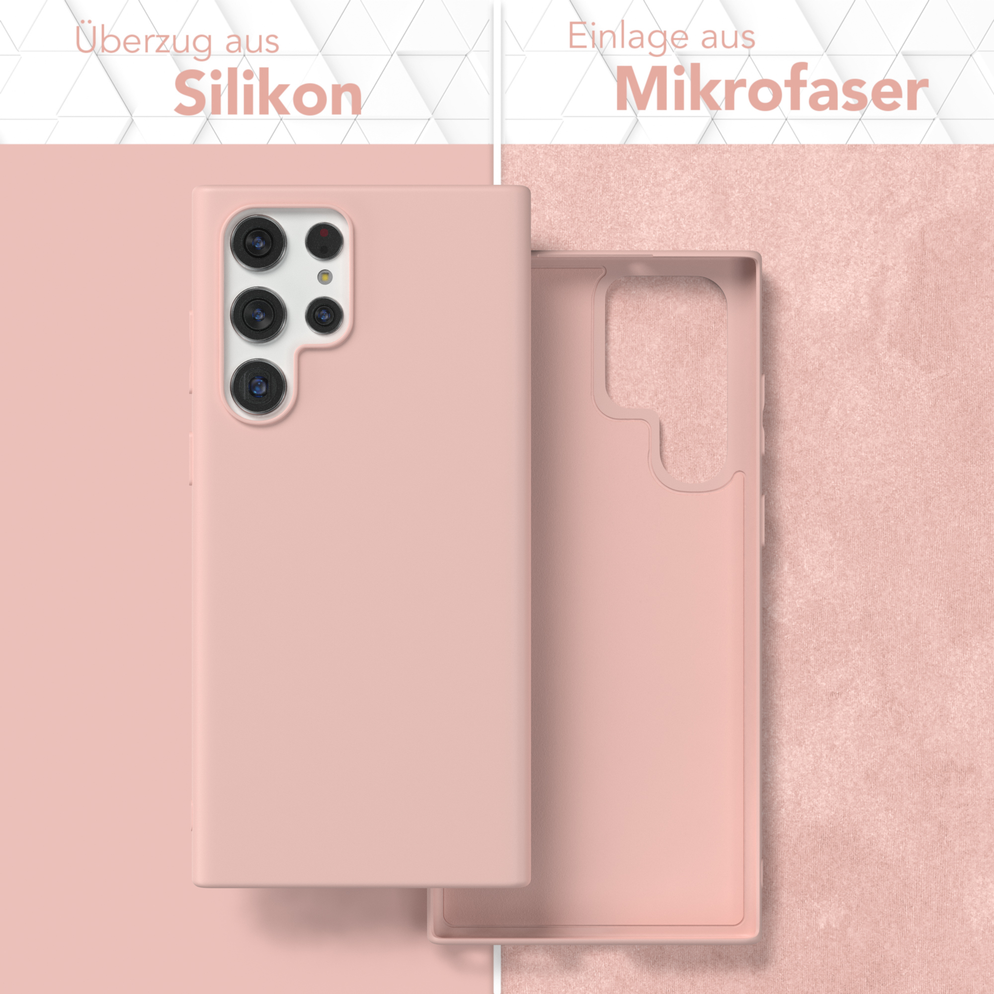 Rosa Handyhülle mit Mikrofaserfutter. Text auf Deutsch: Silikonhülle und Mikrofaser-Einsatz.