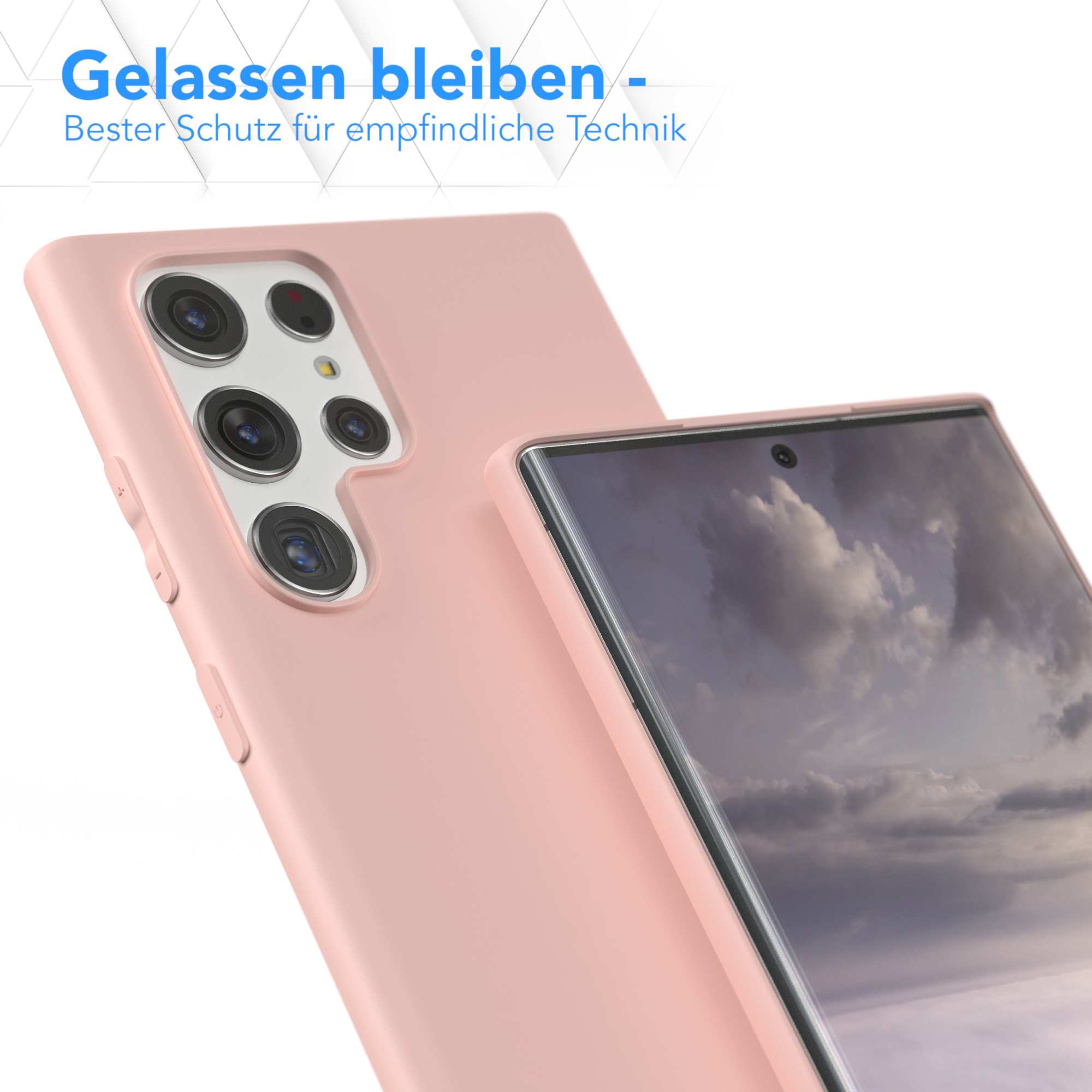 Rosa Handyhülle schützt das Telefon, mit Text darüber.