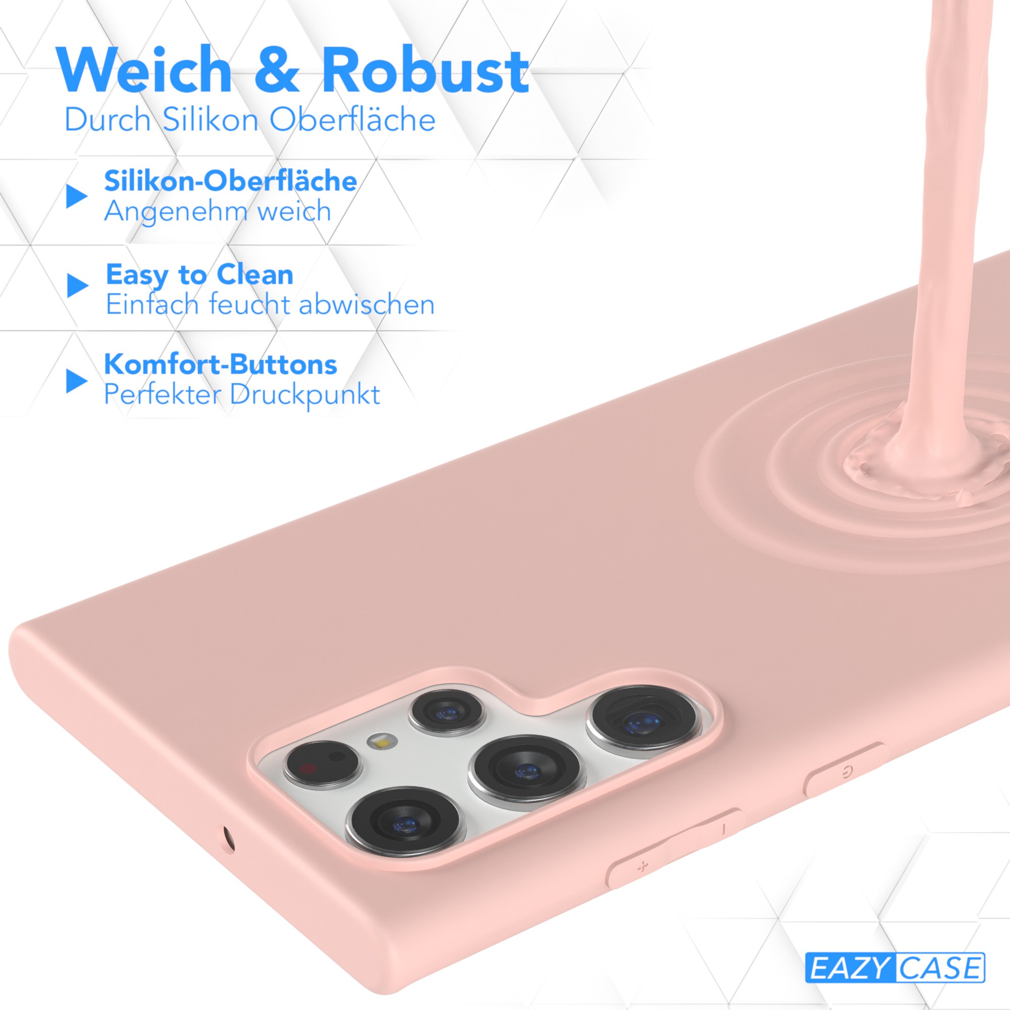 Ein Telefongehäuse wird mit Flüssigkeit in Rosa über eine helle Oberfläche gegossen, mit deutschem Text.