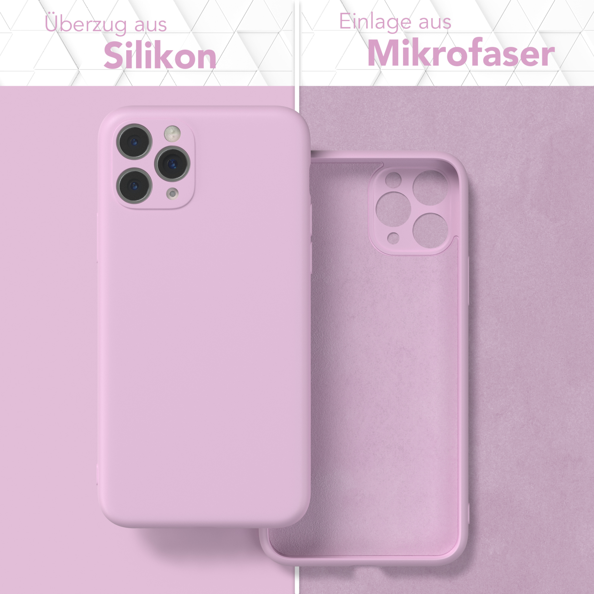 Rosa Handyhülle, geöffnet. Silikon- und Mikrofaser-Schichten. Das Telefon darin ist entfernt.
