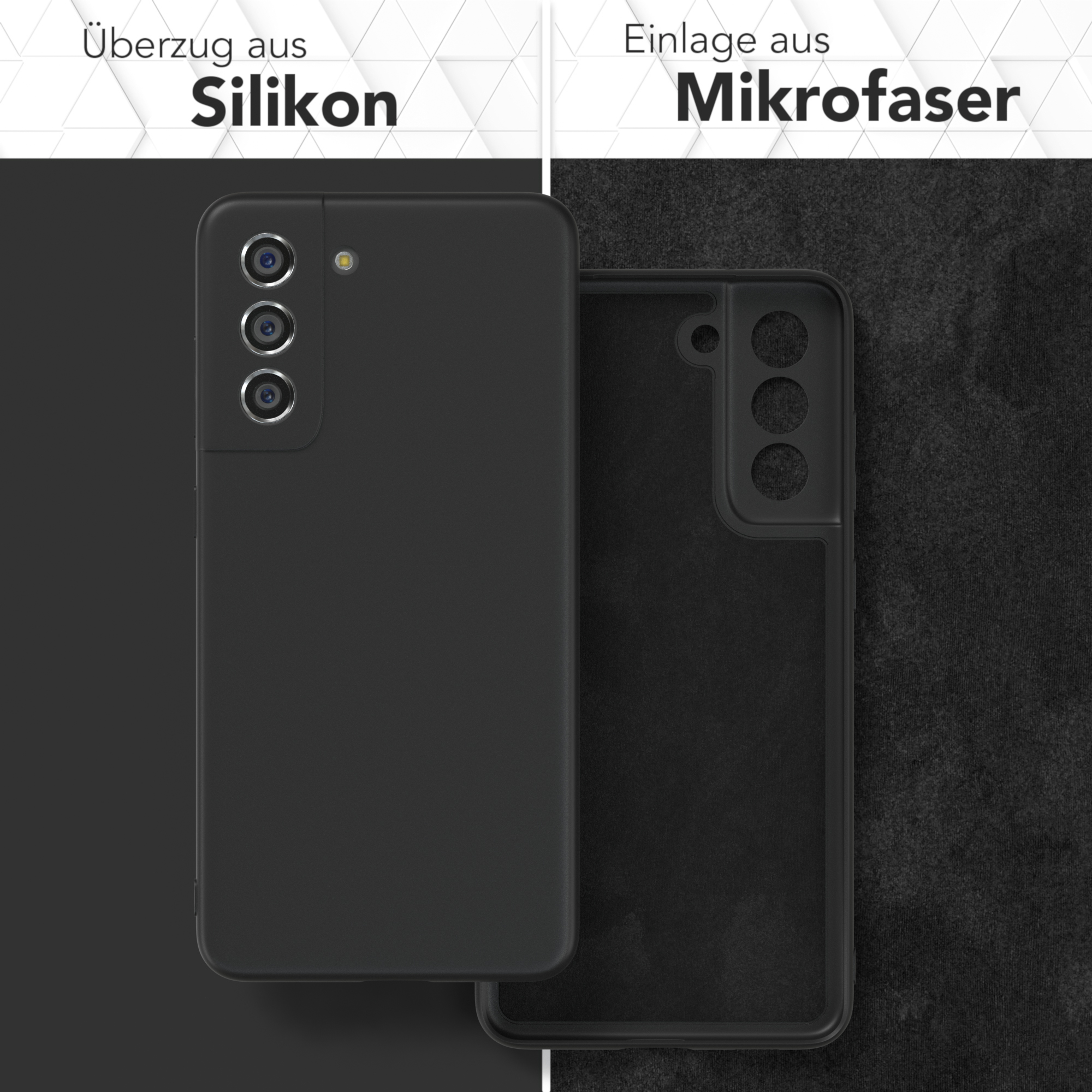 Zwei Handyhüllen, eine schwarz, eine transparent, zeigen Silikon- und Mikrofaser-Materialien.
