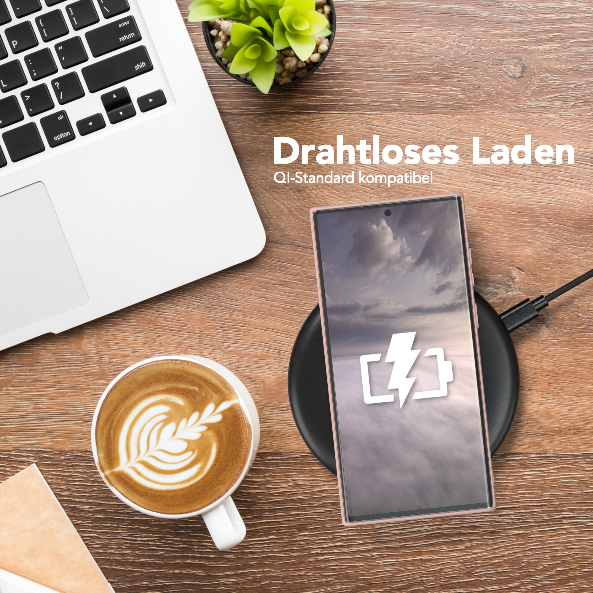 Telefon auf kabellosem Ladegerät, Kaffeetasse, Laptop auf Holztisch. Text: 'Kabelloses Laden'.