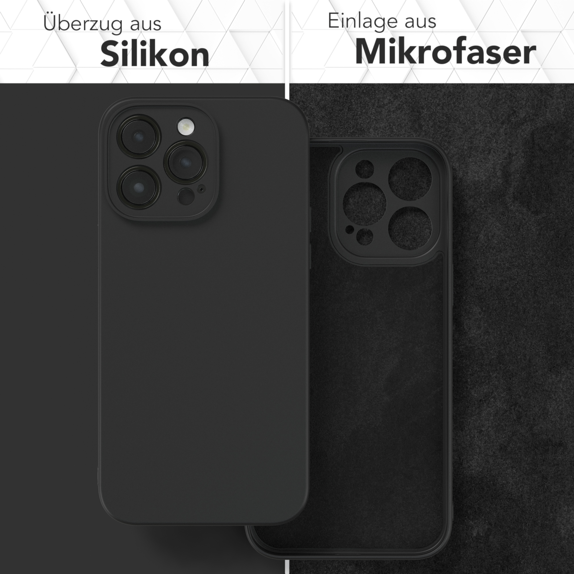 Schwarze Handyhüllen, eine mit und eine ohne Telefon, mit Textüberlagerungen.