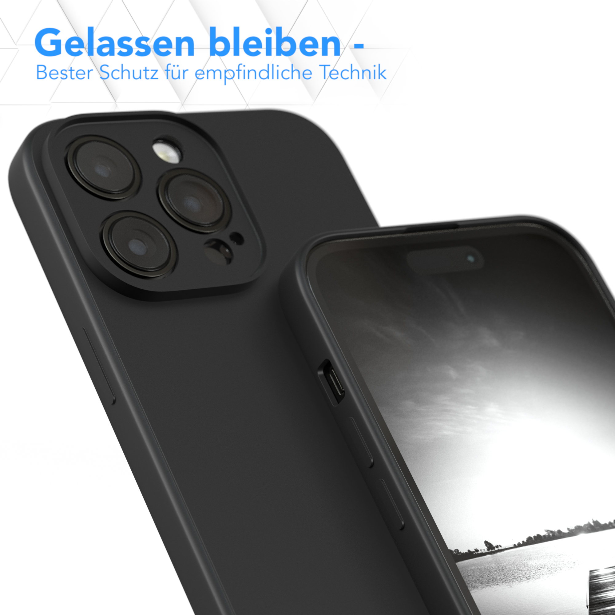 Schwarze Handyhülle und passendes Telefon. Text: Bleiben Sie ruhig - bester Schutz für empfindliche Technik.
