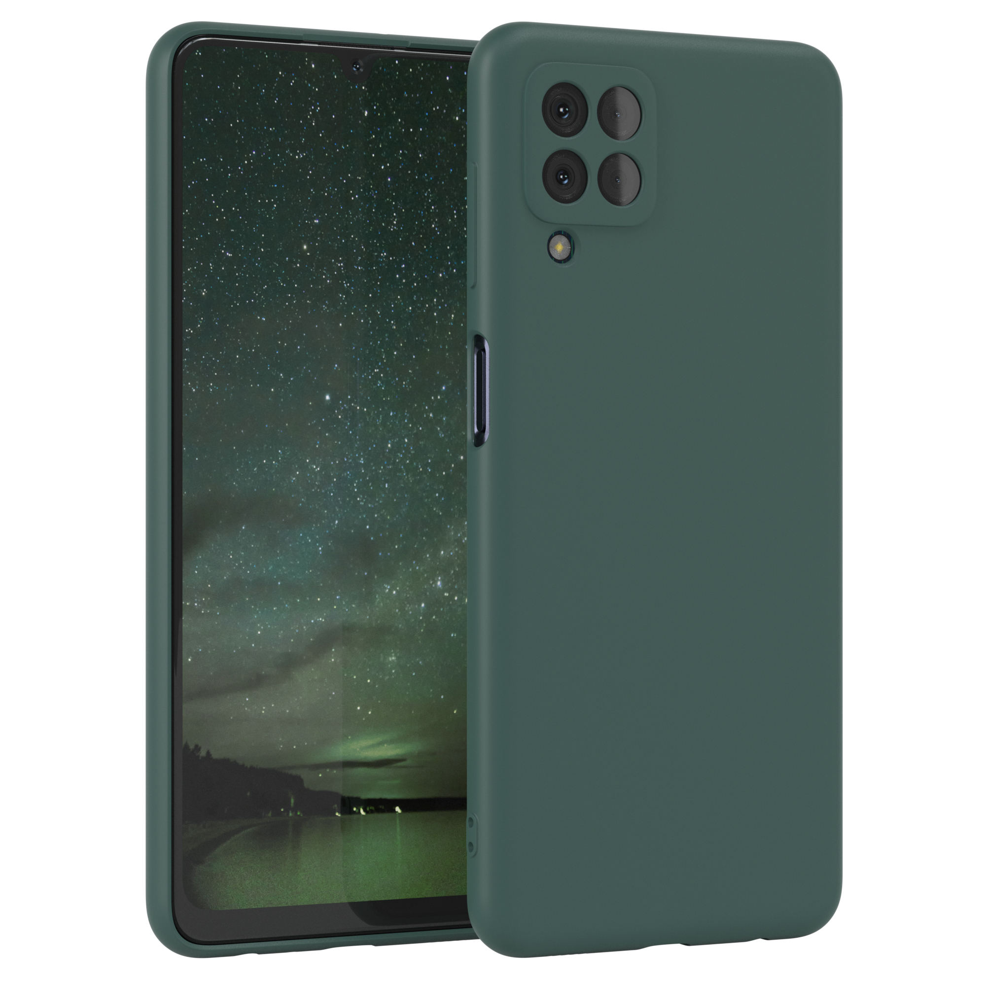 Grüne Handyhülle, Telefon darin. Dunkler Hintergrund.