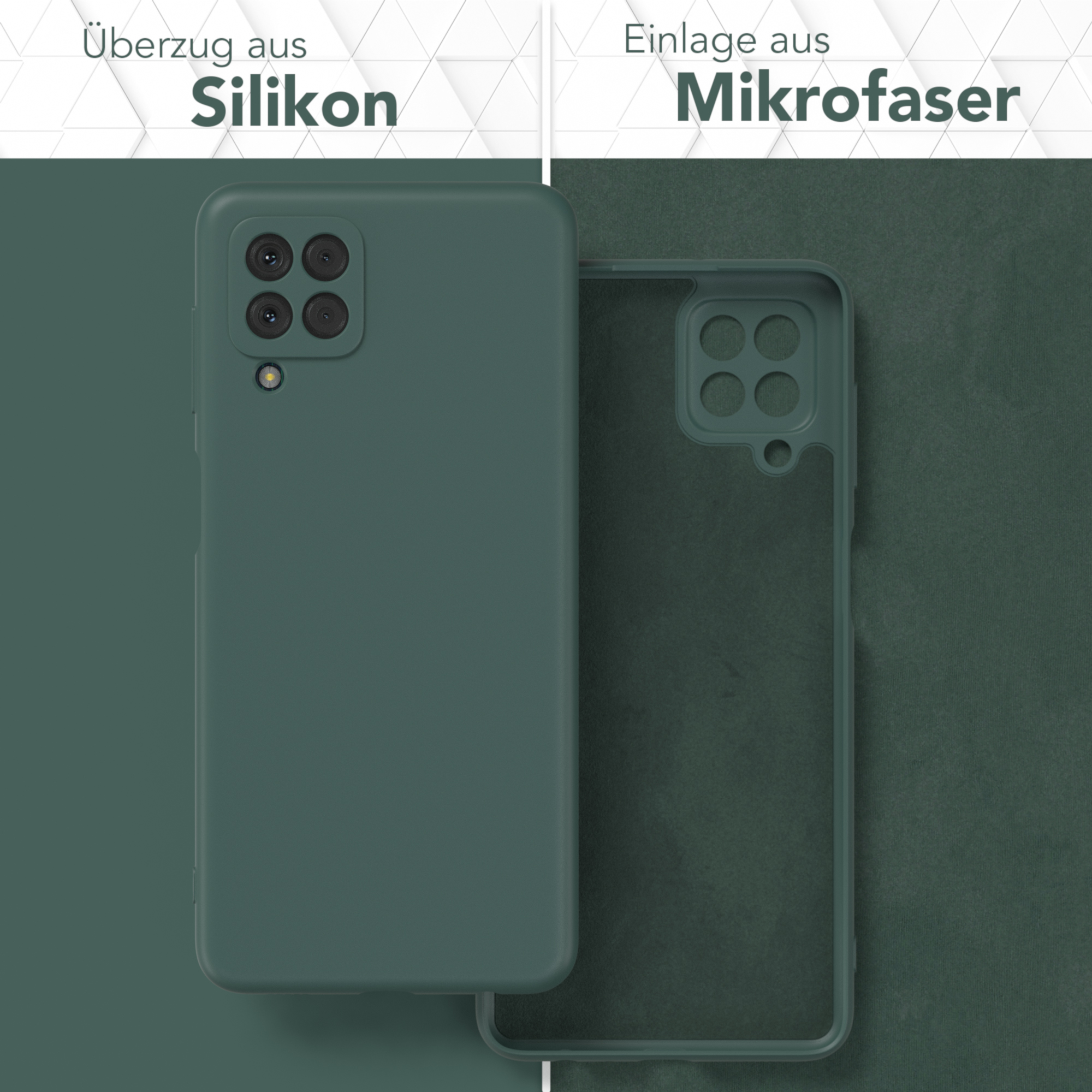 Eine grüne Handyhülle mit dunkelgrünem Hintergrund und Mikrofaser-Innenraum.
