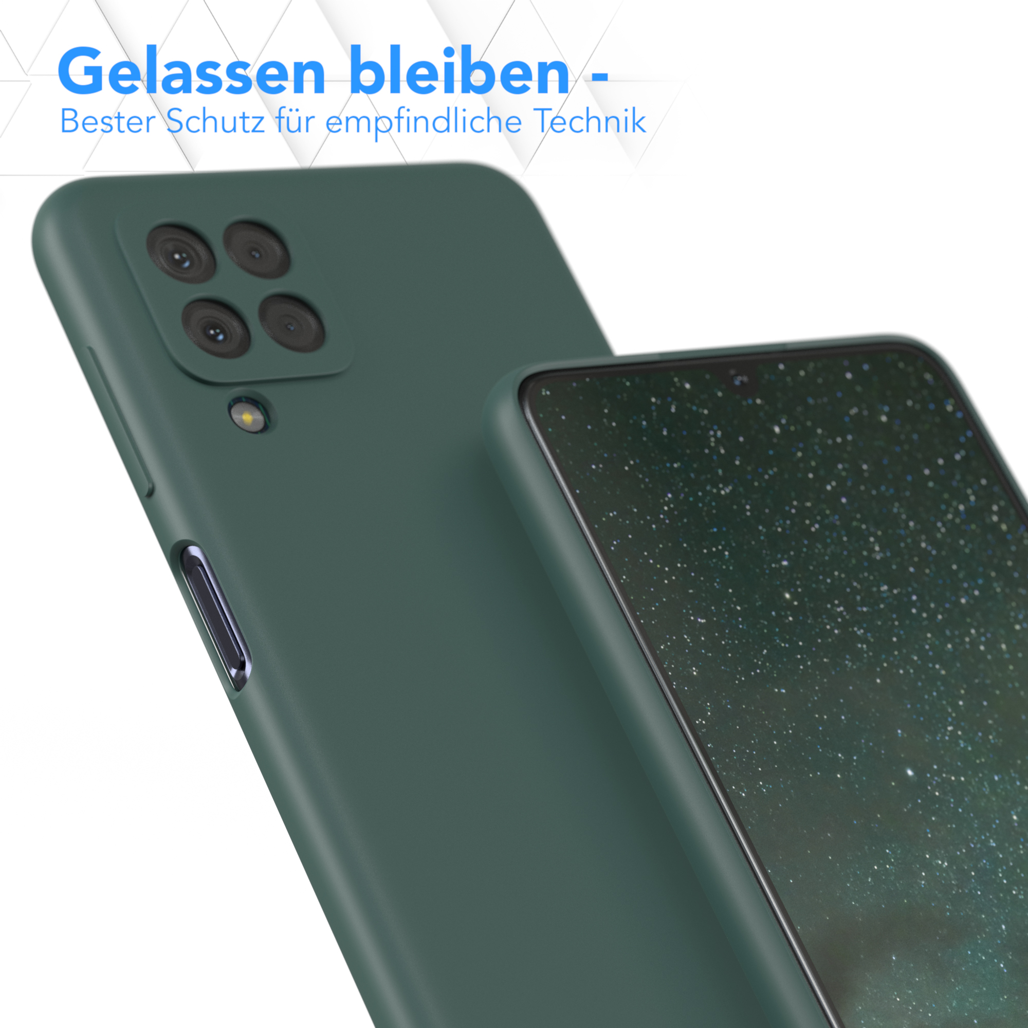 Dunkelgrüne Handyhülle mit Telefonbildschirm, Text: Gelassen bleiben - Bester Schutz für empfindliche Technik.