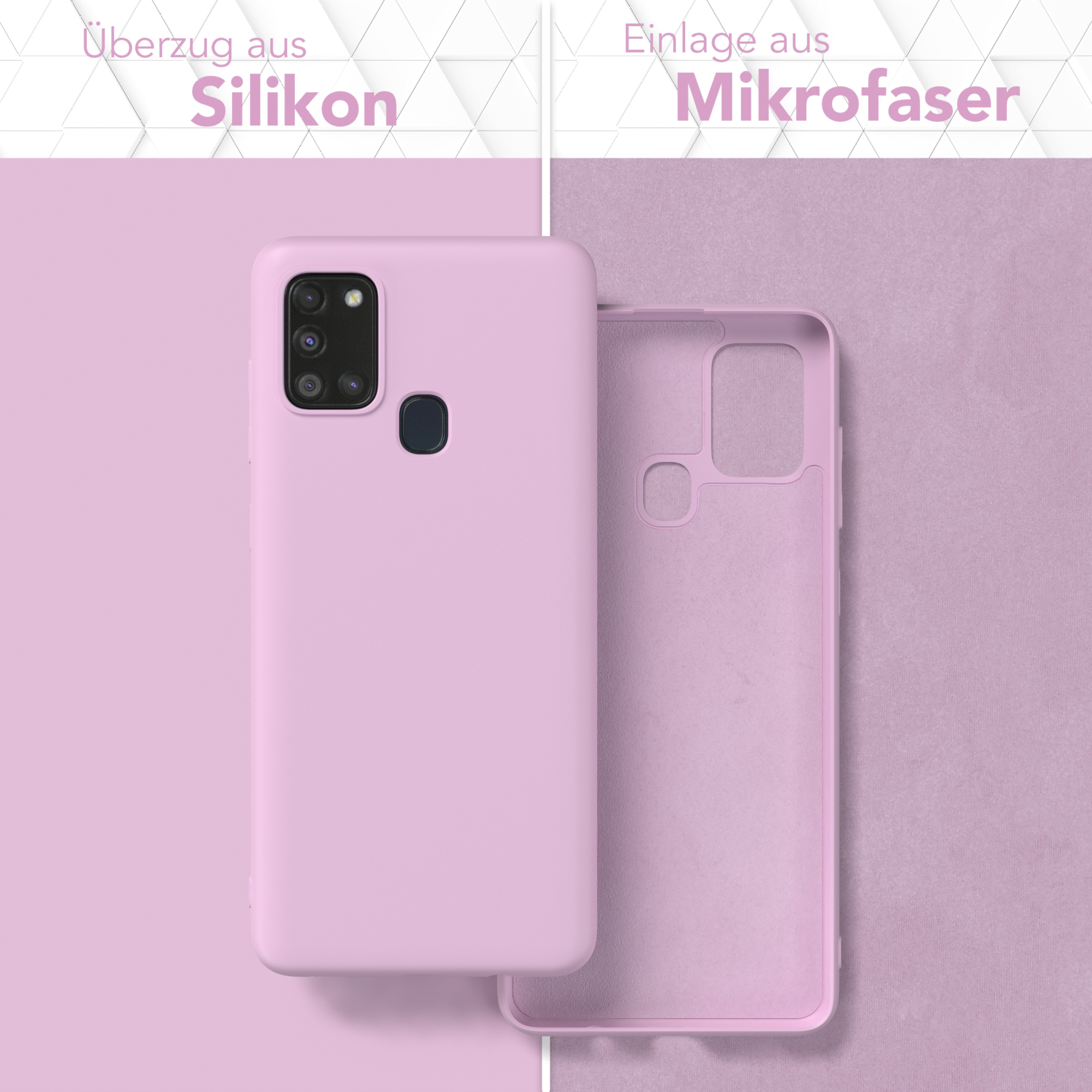 Eine rosa Handyhülle mit Text vor einem rosa Hintergrund. Text: Silikon, Mikrofaser.