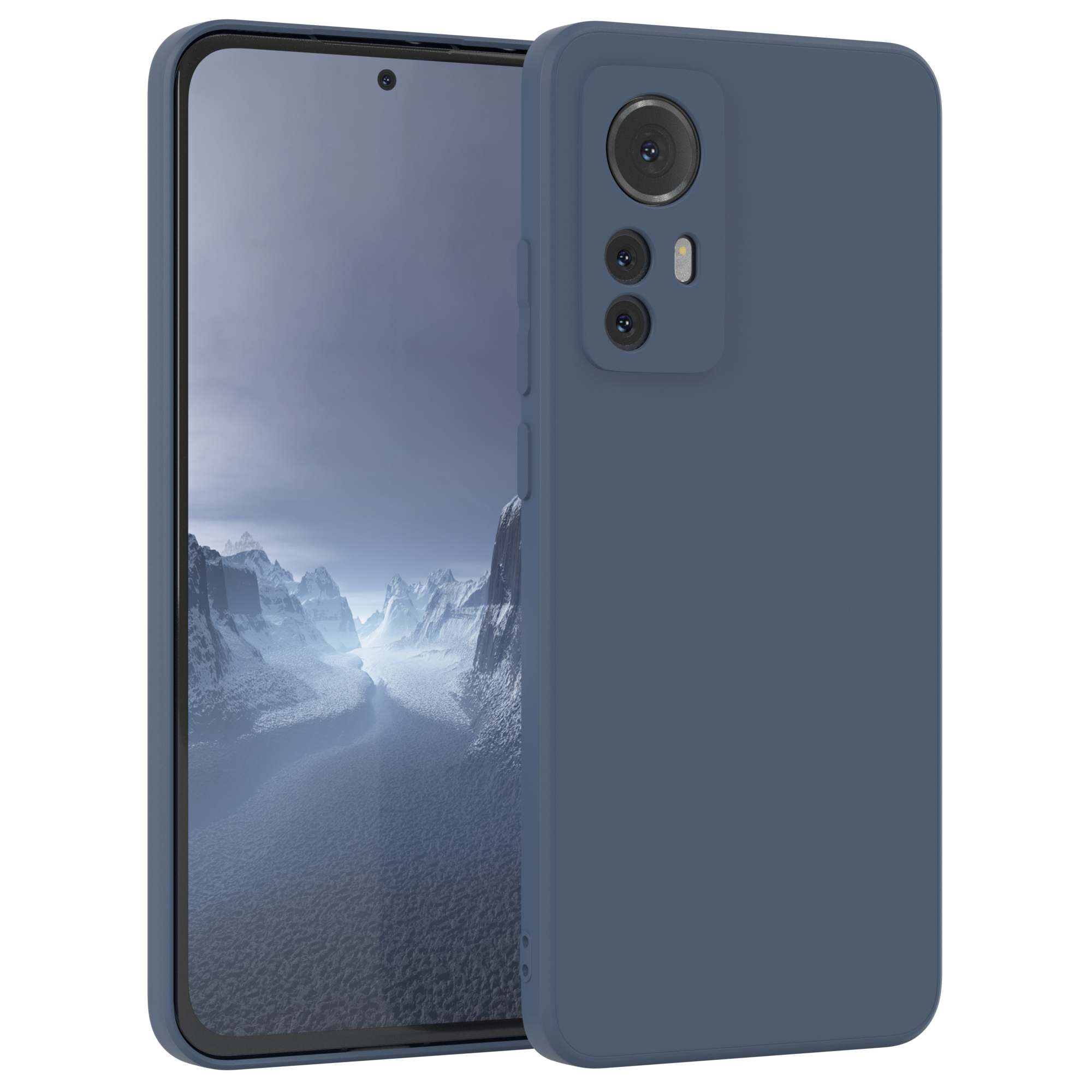 Ein marineblaues Telefon mit Berg-Hintergrund. Rechts befindet sich eine marineblaue Hülle mit Kameralinsen.