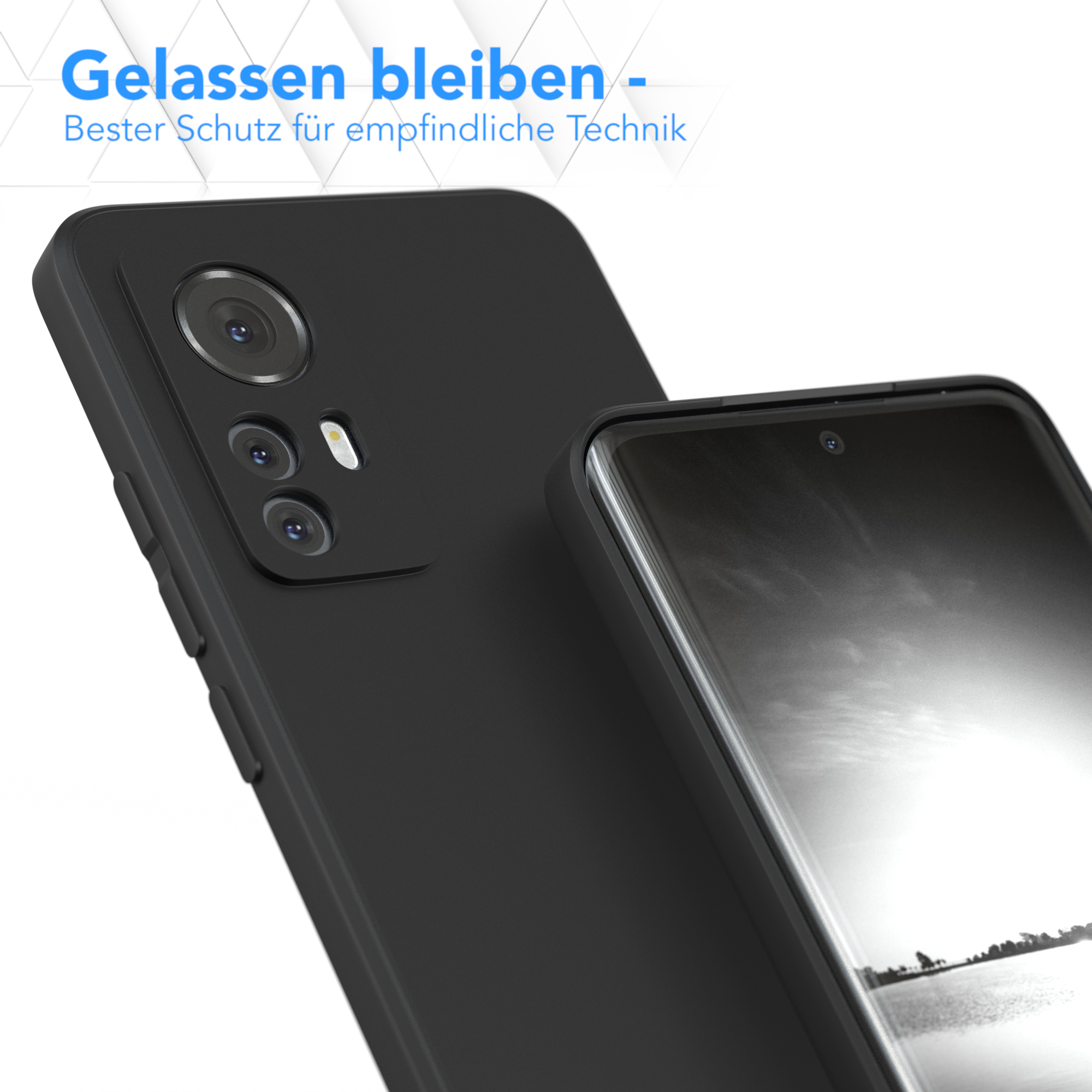 Eine schwarze Handyhülle mit Telefon, Text darüber und Nahaufnahme der Rückseite des Telefons.