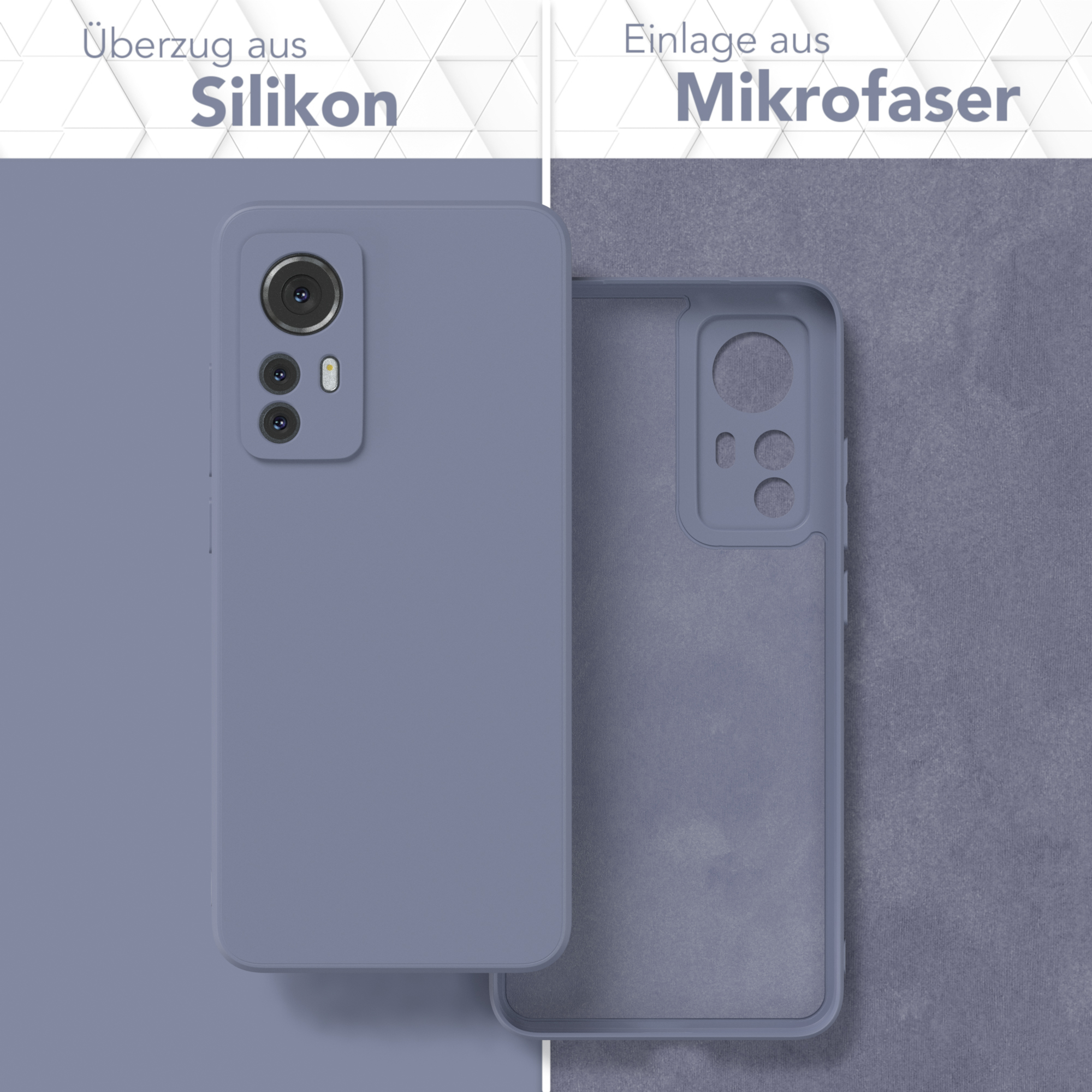 Lila Handyhülle. Silikon außen, Mikrofaser innen. Text: 'Überzug aus Silikon' und 'Einlage aus Mikrofaser'.