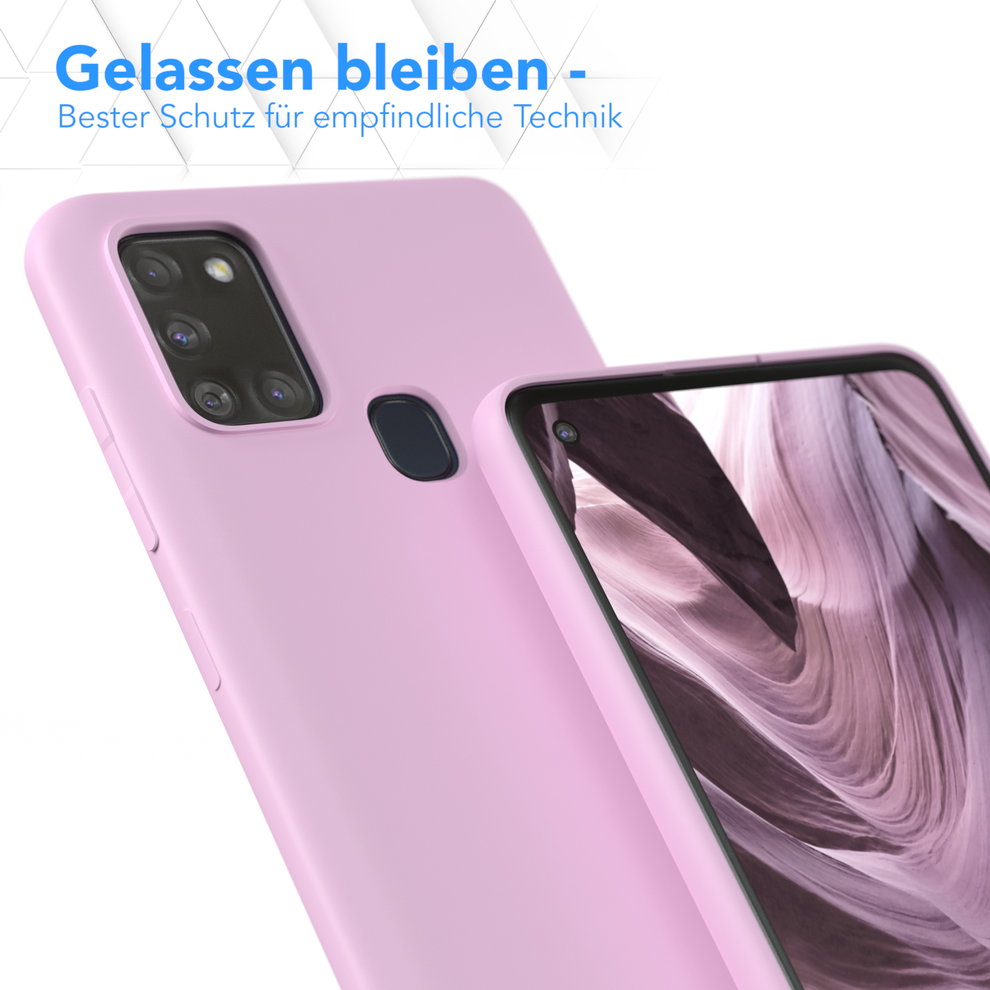 Nahaufnahme einer lavendelfarbenen Handyhülle und eines Telefons mit verschwommenem Bild.