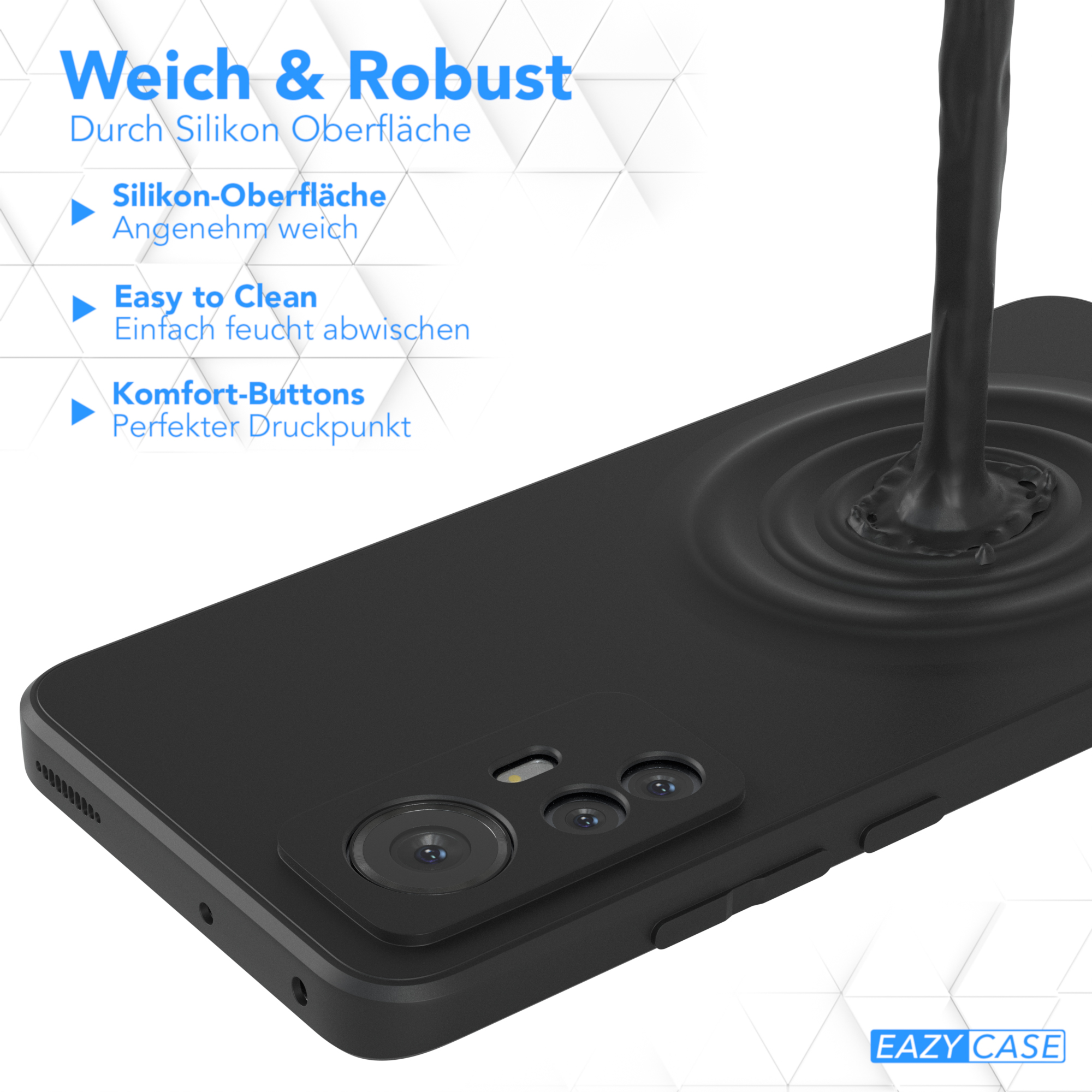 Schwarze Handyhülle mit einem fließenden Strom schwarzer Flüssigkeit. Text sagt 'Weich & Robust'.